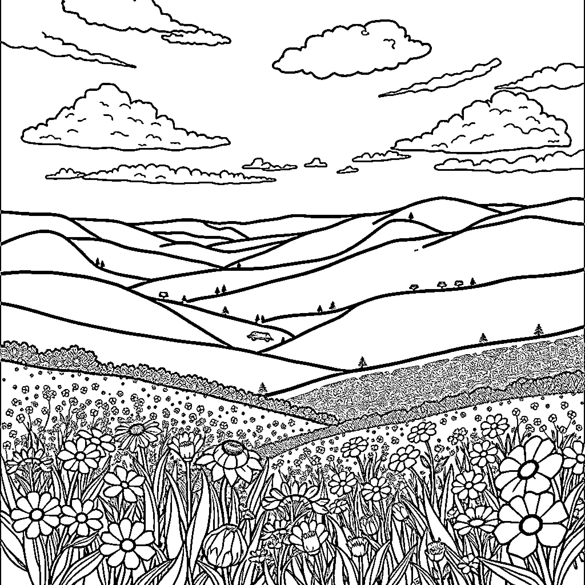 Landscape of rolling hills and blooming flowers Coloring Page (free black-and-white line drawing printable PDF for all, from beginners to advanced learners, including children, teens, adults, and seniors)
