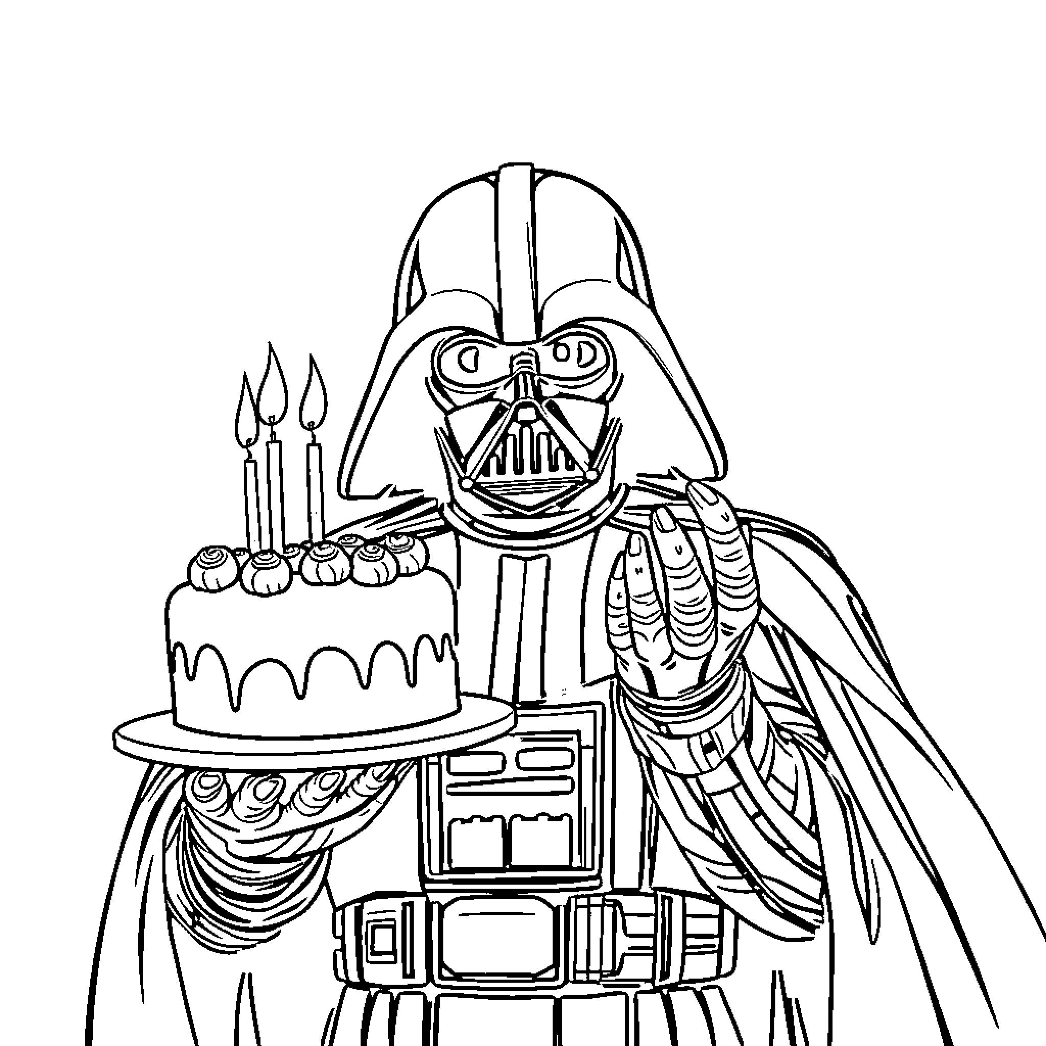 Darth Vader celebrating with birthday cake Coloring Page (free black-and-white line drawing printable PDF for all, from beginners to advanced learners, including children, teens, adults, and seniors)