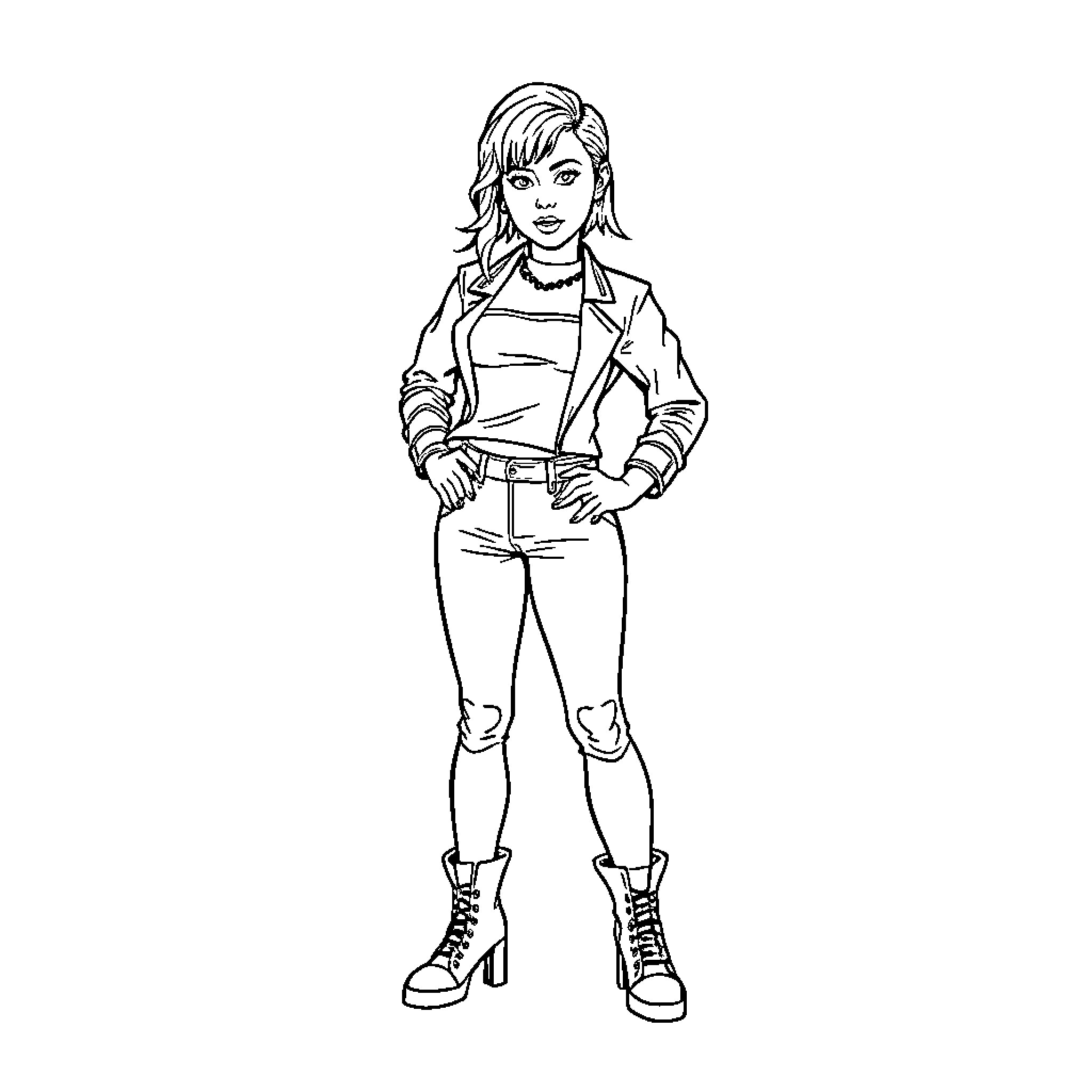 Miley Cyrus in Stylish Outfit Coloring Page (free black-and-white line drawing printable PDF for all, from beginners to advanced learners, including children, teens, adults, and seniors)