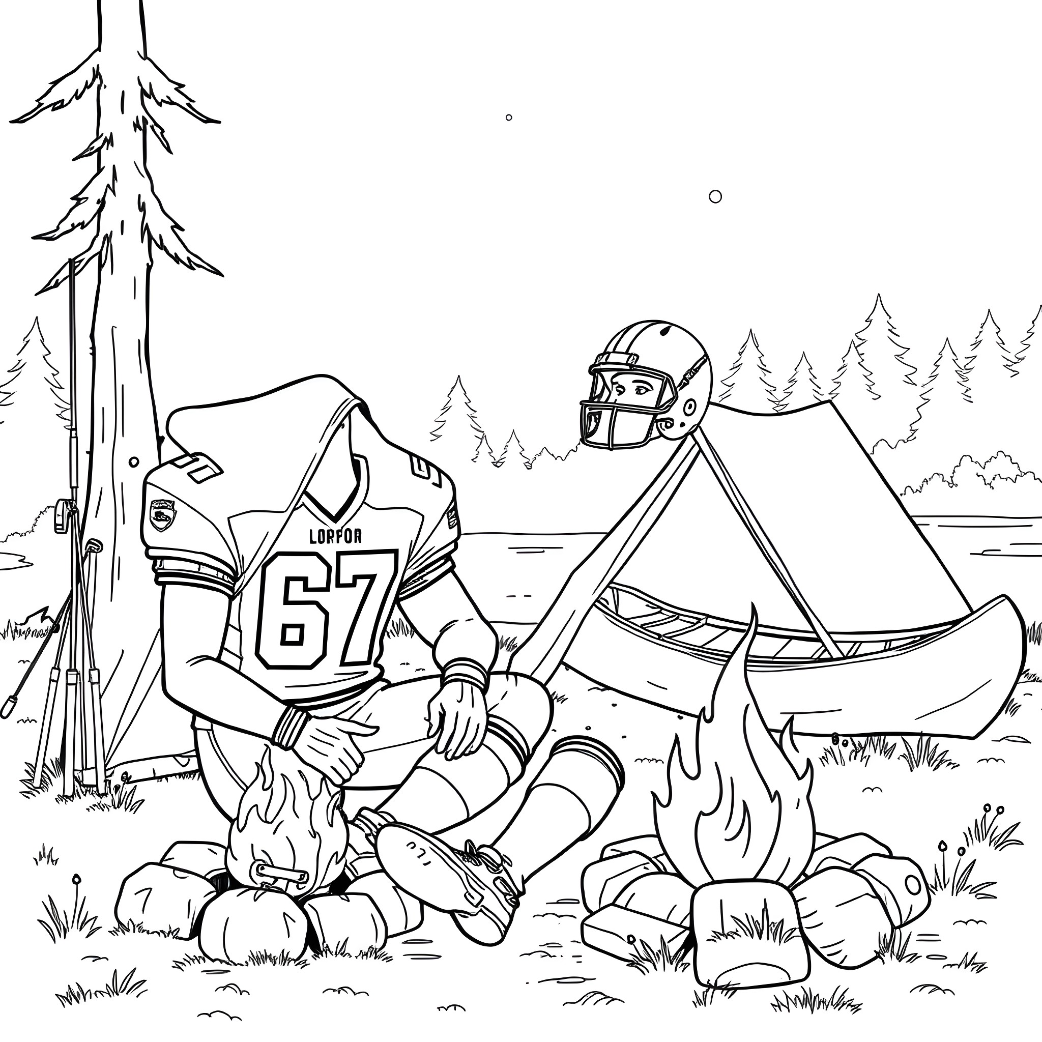 Football Player Camping in the Wilderness Coloring Page (free black-and-white line drawing printable PDF for all, from beginners to advanced learners, including children, teens, adults, and seniors)