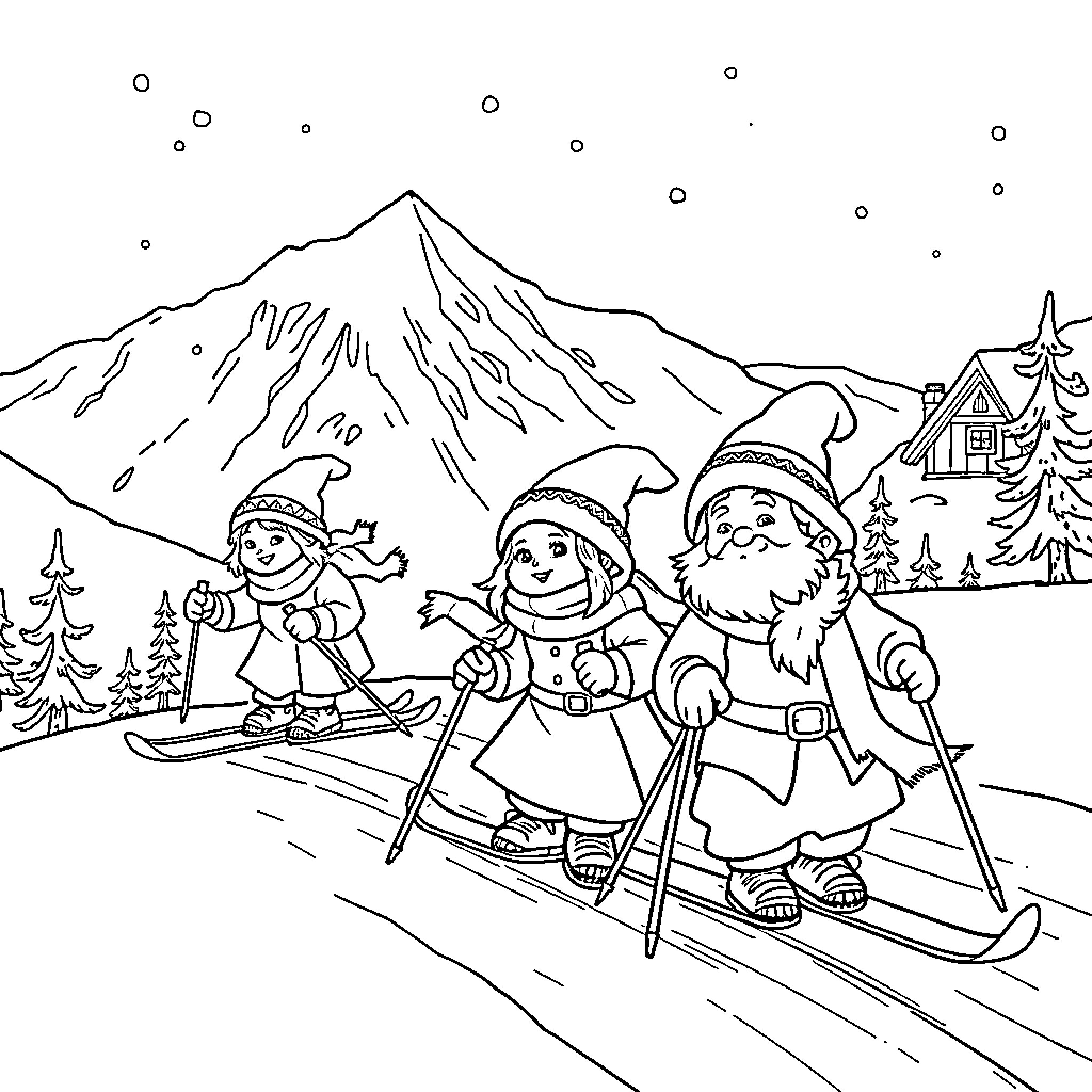 Hobbit characters skiing in the snowy mountains Coloring Page (free black-and-white line drawing printable PDF for all, from beginners to advanced learners, including children, teens, adults, and seniors)