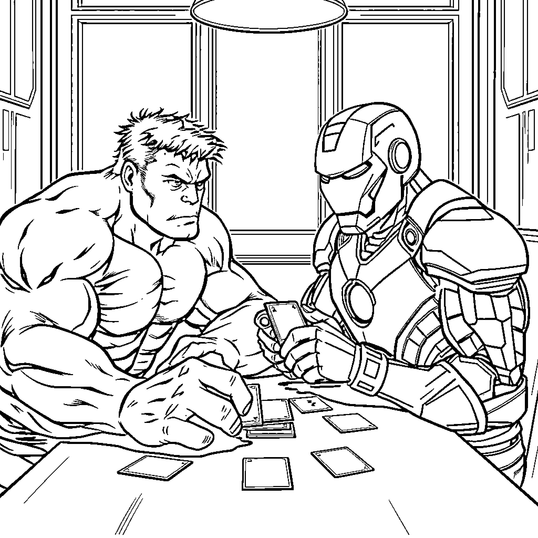 Hulk and Iron Man playing cards in tense stand-off Coloring Page (free black-and-white line drawing printable PDF for all, from beginners to advanced learners, including children, teens, adults, and seniors)