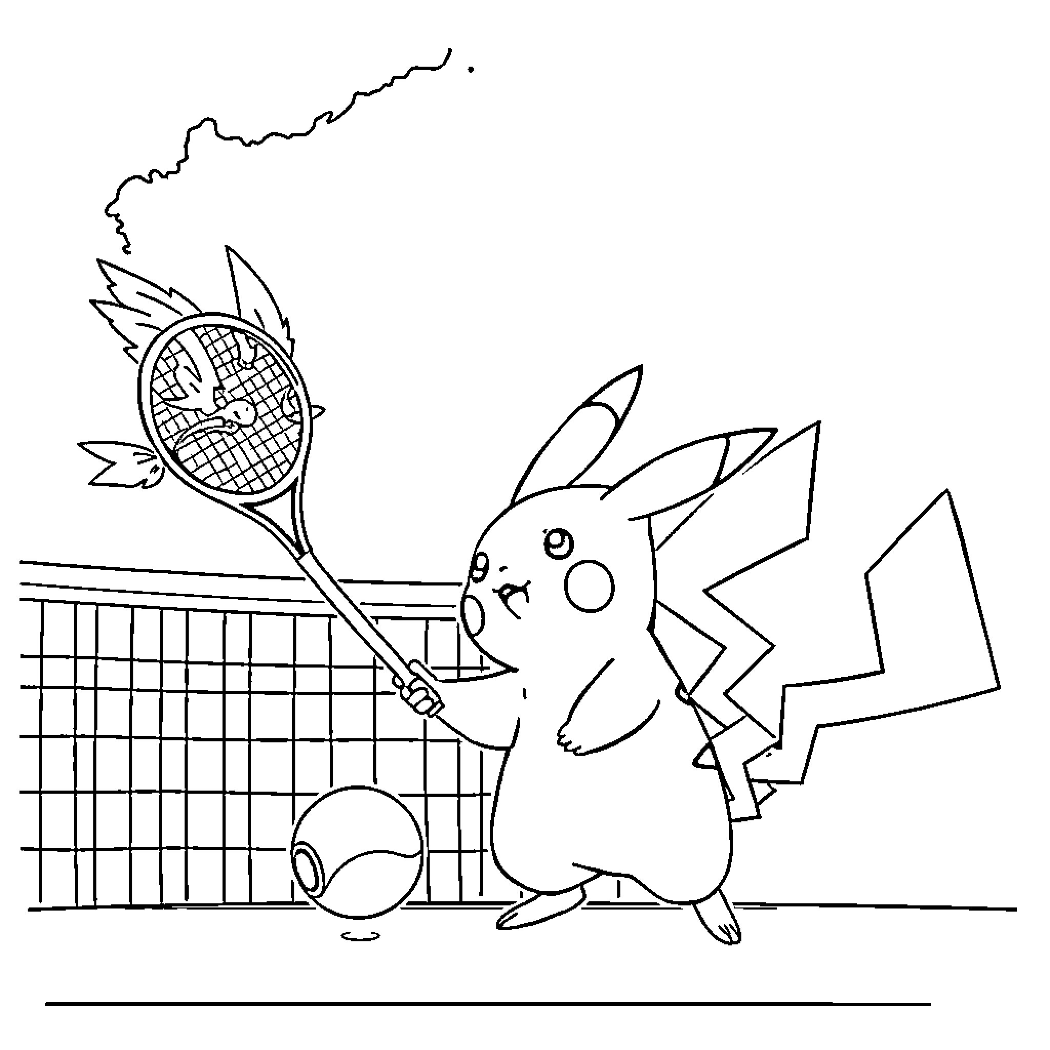 Pikachu playing tennis on the court Coloring Page (free black-and-white line drawing printable PDF for all, from beginners to advanced learners, including children, teens, adults, and seniors)
