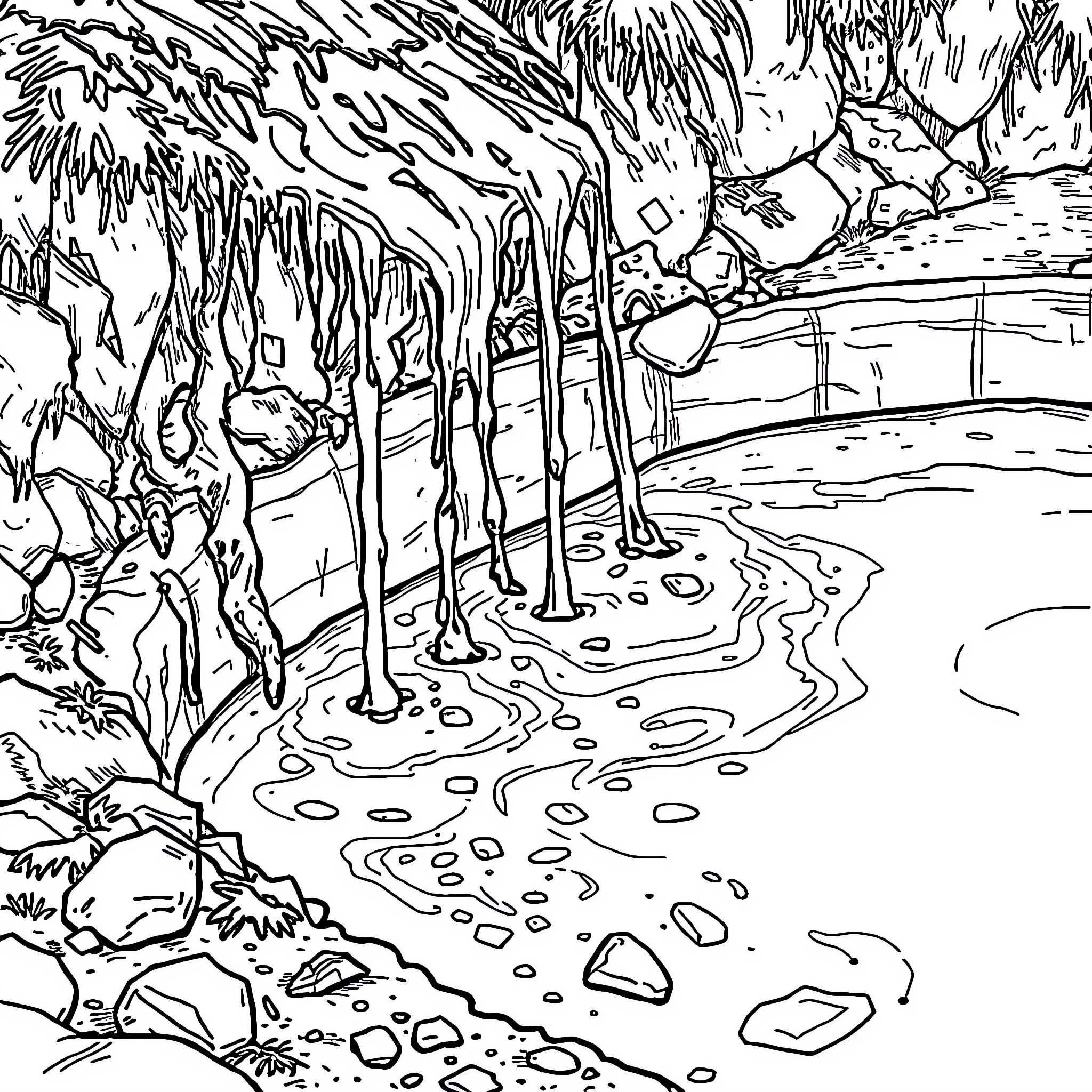 Dirt and Rocks in a Surreal Landscape Coloring Page (free black-and-white line drawing printable PDF for all, from beginners to advanced learners, including children, teens, adults, and seniors)