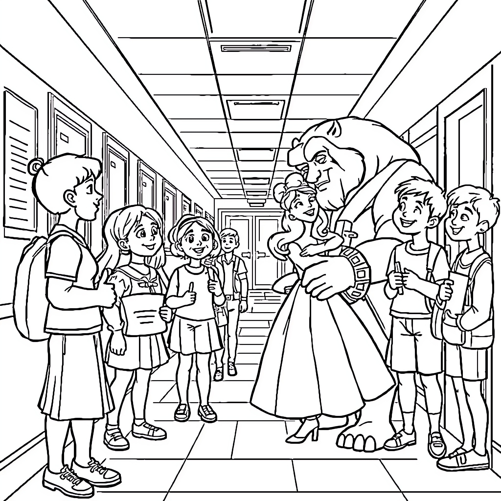 Beauty And The Beast Reunited In School Hallway Coloring Page (free black-and-white line drawing printable PDF for all, from beginners to advanced learners, including children, teens, adults, and seniors)