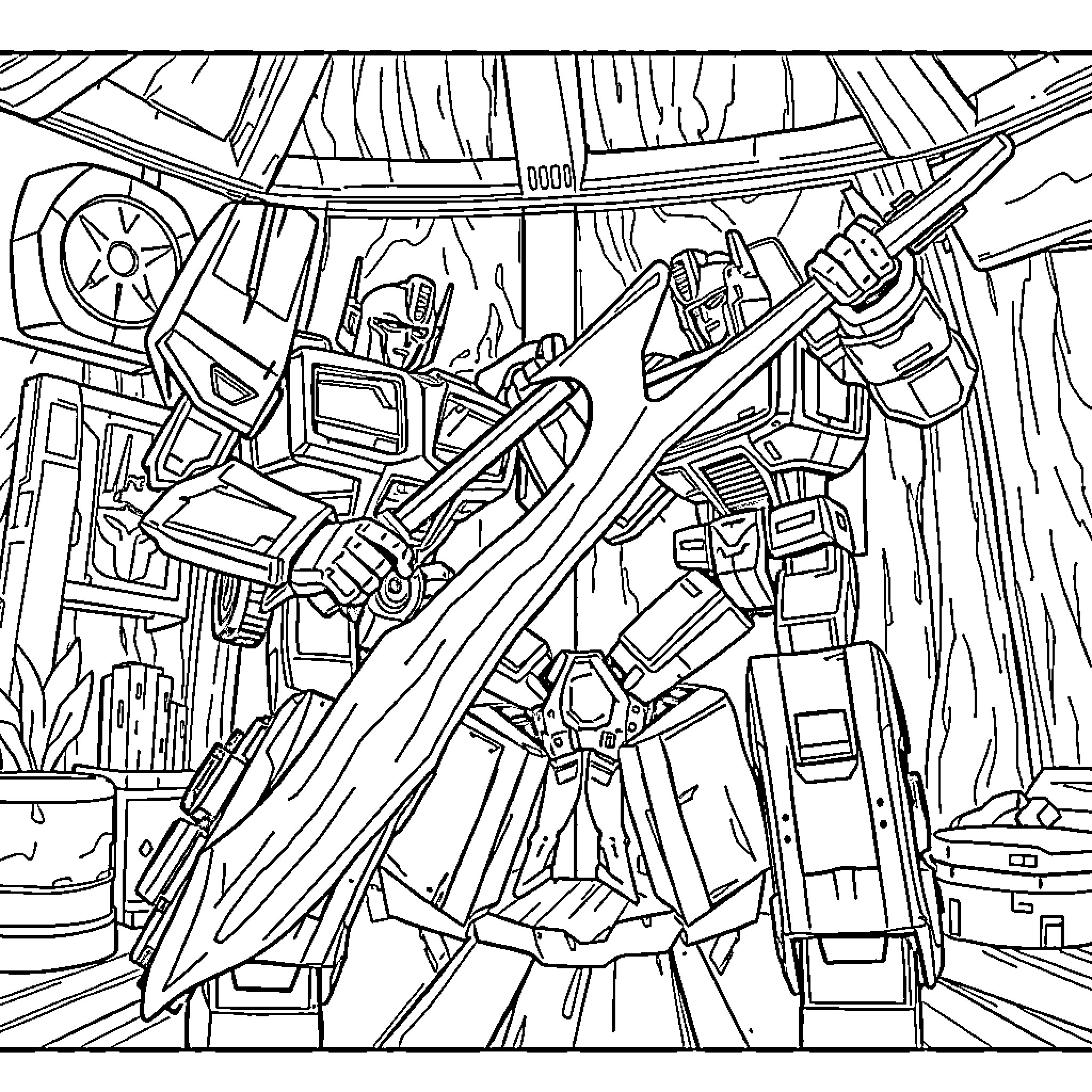 Transformer robots engaged in an intense battle Coloring Page (free black-and-white line drawing printable PDF for all, from beginners to advanced learners, including children, teens, adults, and seniors)