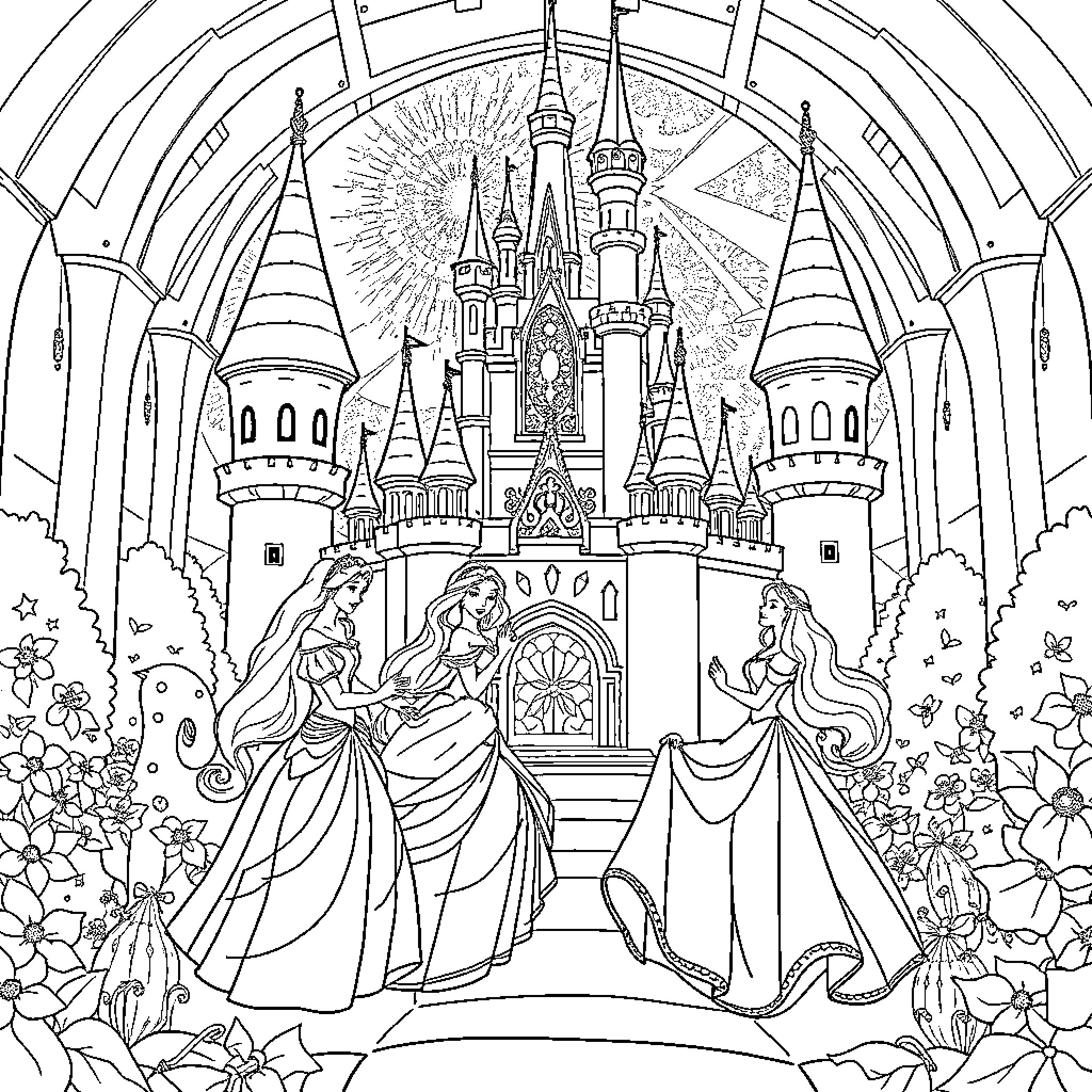Disney Princess Castle Enchantment and Elegance Coloring Page (free black-and-white line drawing printable PDF for all, from beginners to advanced learners, including children, teens, adults, and seniors)