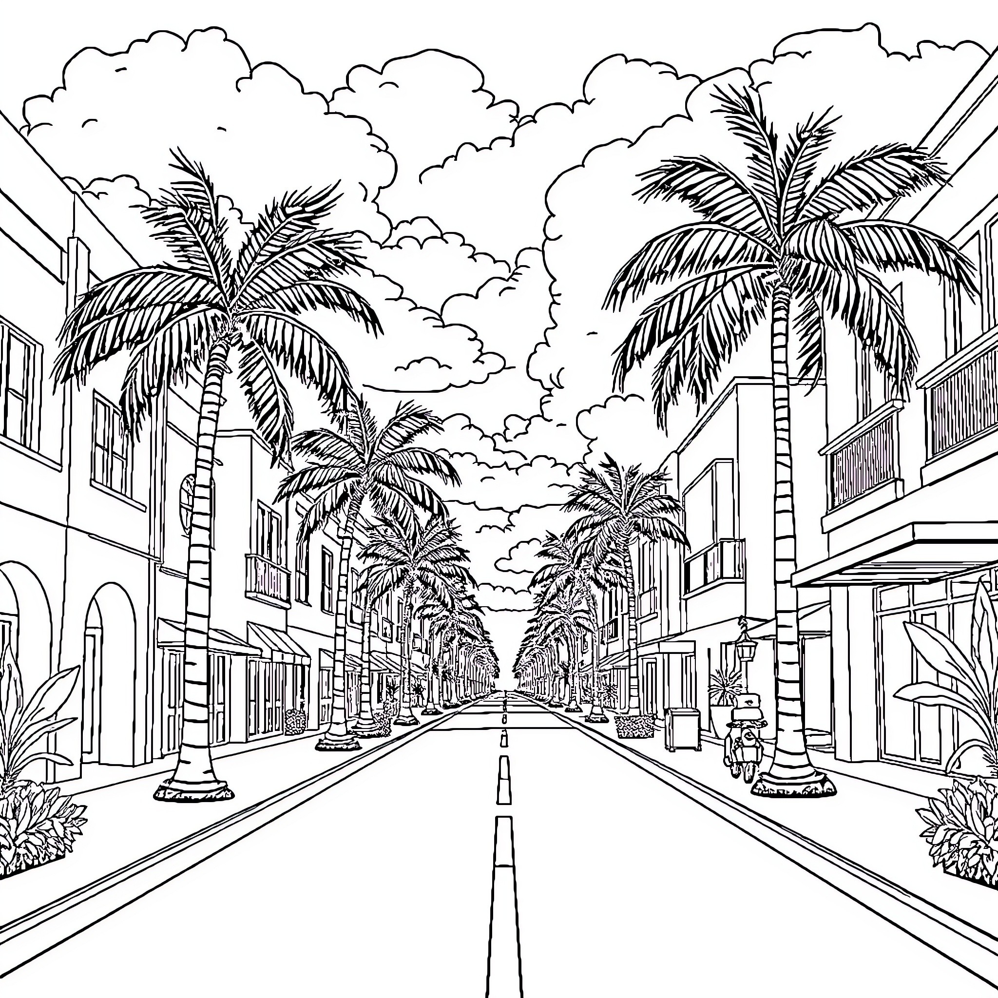 Miami Street Scene with Palm Trees and Shops Coloring Page (free black-and-white line drawing printable PDF for all, from beginners to advanced learners, including children, teens, adults, and seniors)