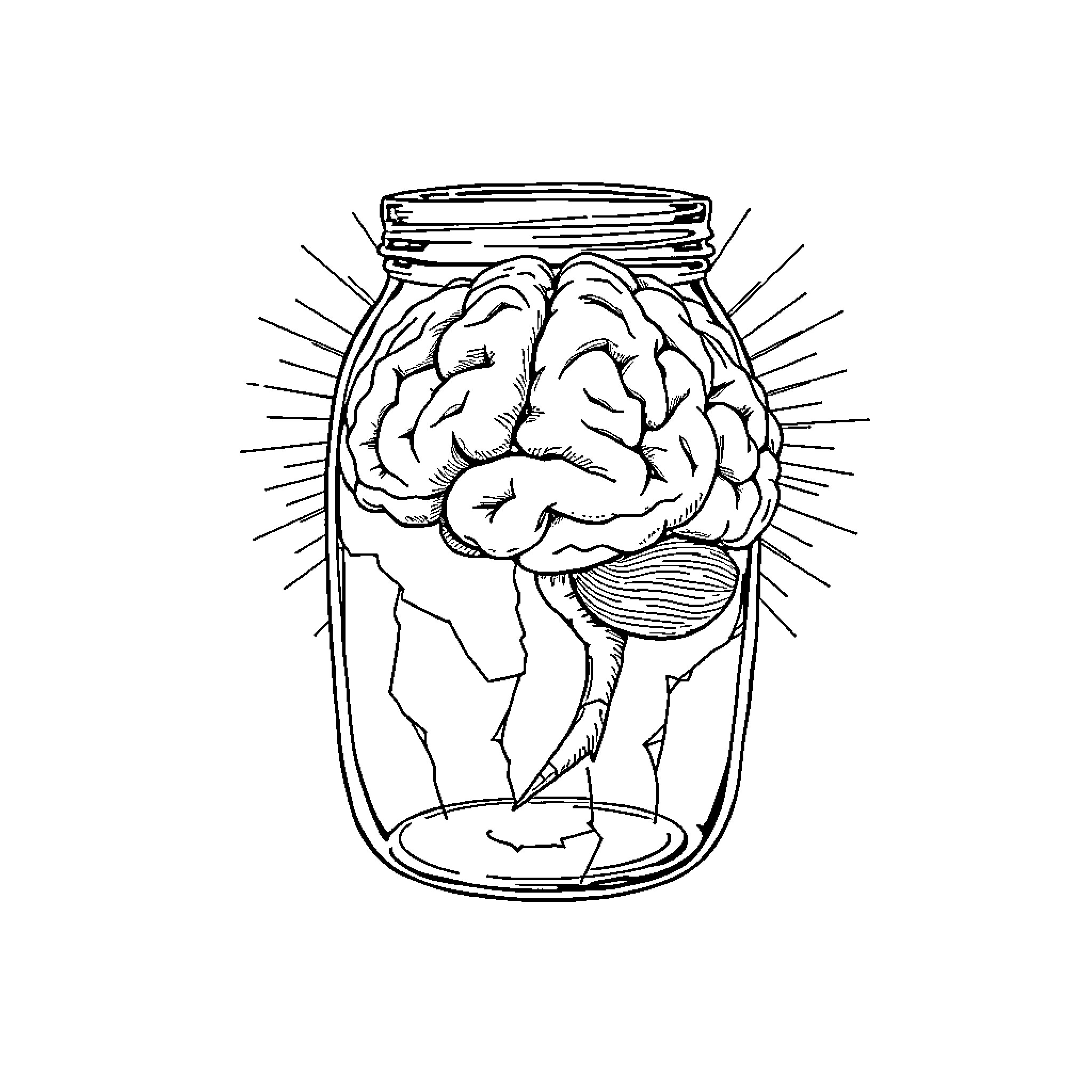 Brain Preserved in Jar for Scientific Study Coloring Page (free black-and-white line drawing printable PDF for all, from beginners to advanced learners, including children, teens, adults, and seniors)