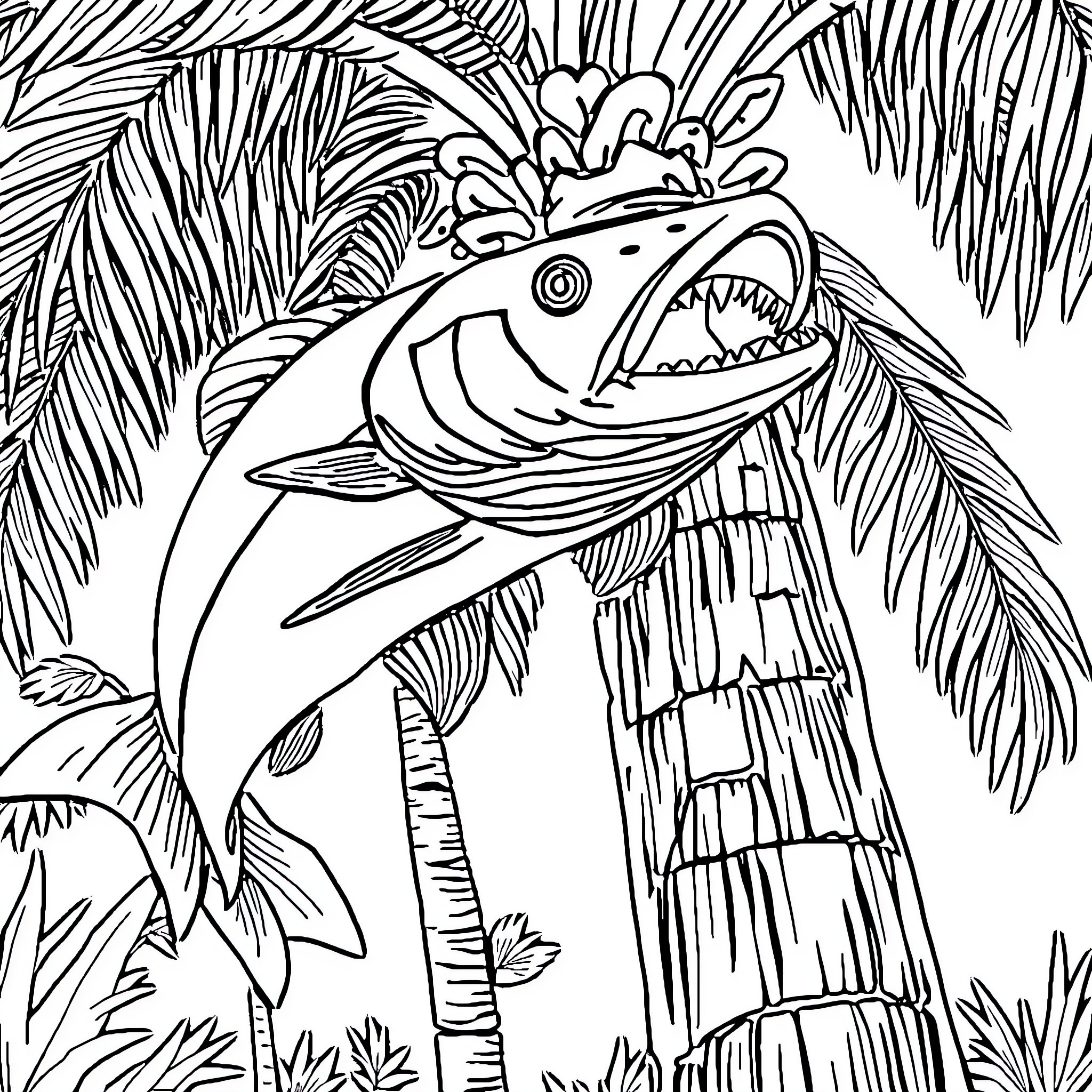 Piranha feasting in the wild jungle Coloring Page (free black-and-white line drawing printable PDF for all, from beginners to advanced learners, including children, teens, adults, and seniors)