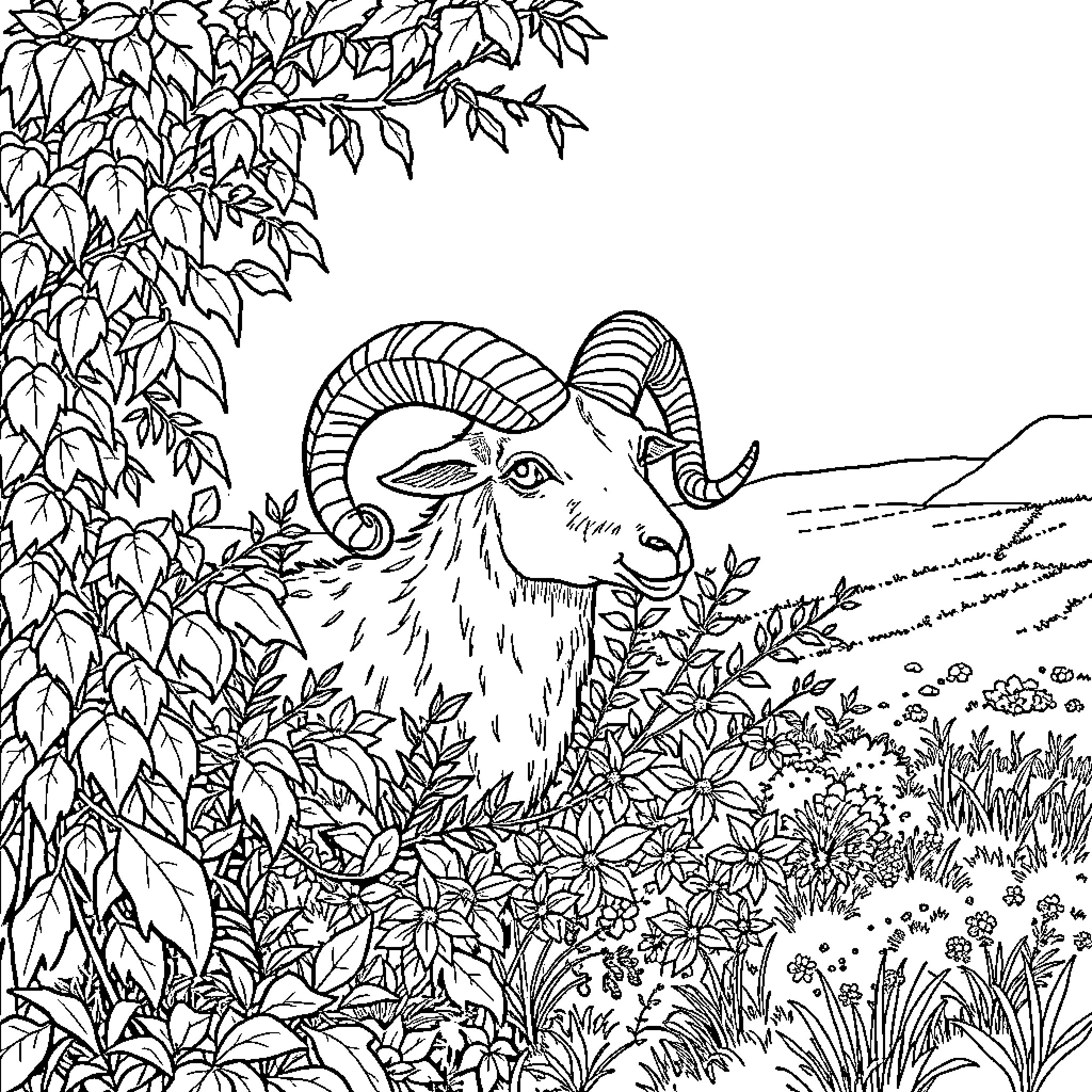 Ram exploring lush vegetation and nature Coloring Page (free black-and-white line drawing printable PDF for all, from beginners to advanced learners, including children, teens, adults, and seniors)