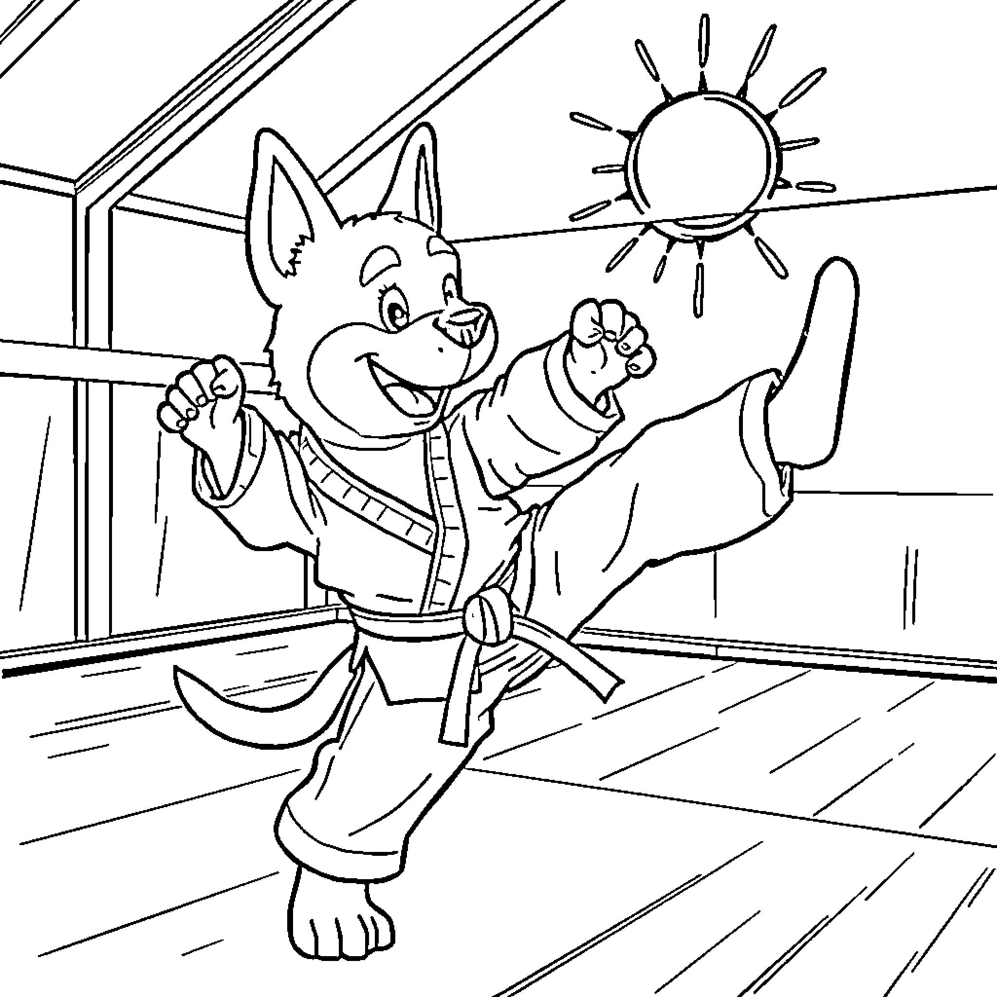 Bluey practicing martial arts in a sunny room Coloring Page (free black-and-white line drawing printable PDF for all, from beginners to advanced learners, including children, teens, adults, and seniors)