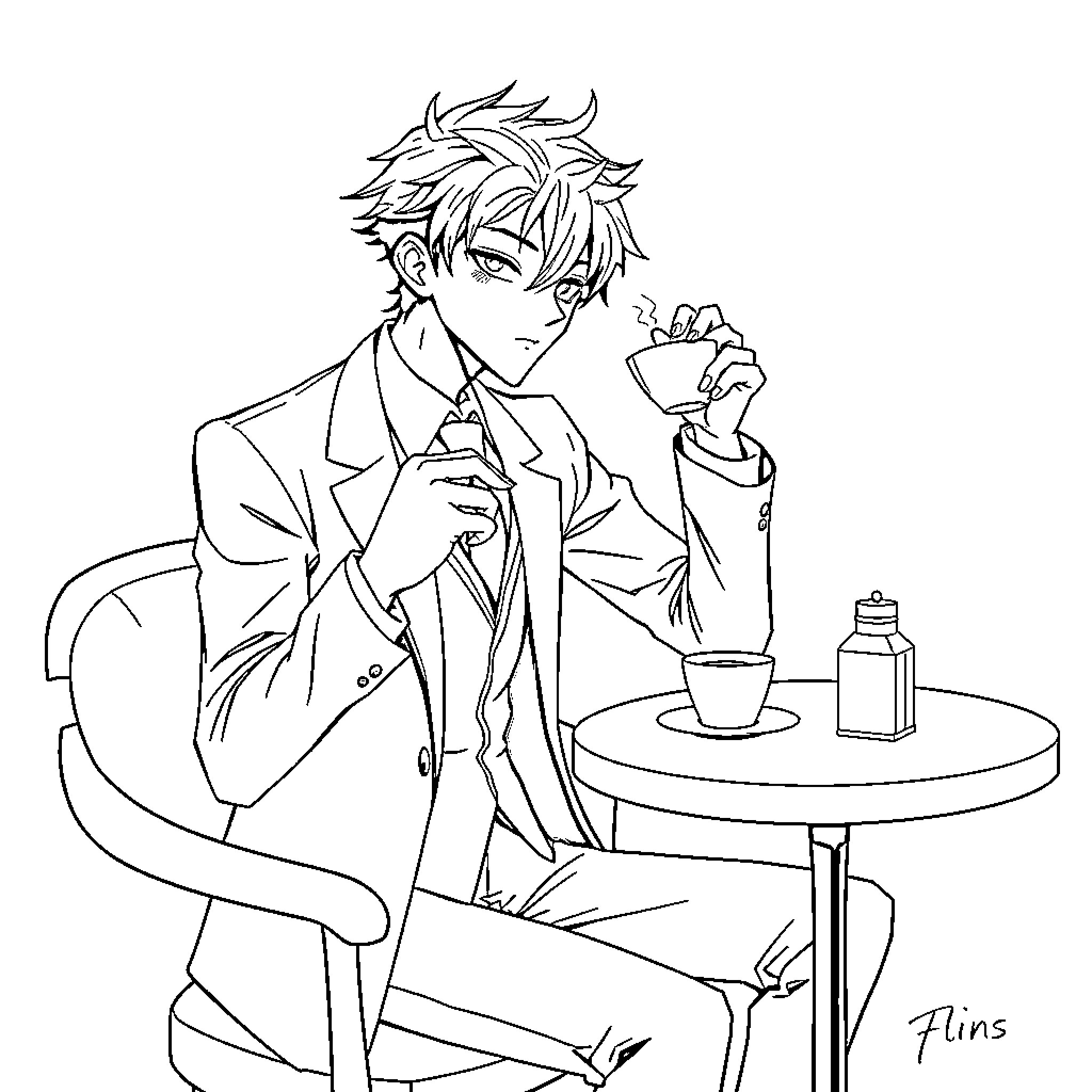 Flins enjoying a warm beverage in contemplation Coloring Page (free black-and-white line drawing printable PDF for all, from beginners to advanced learners, including children, teens, adults, and seniors)