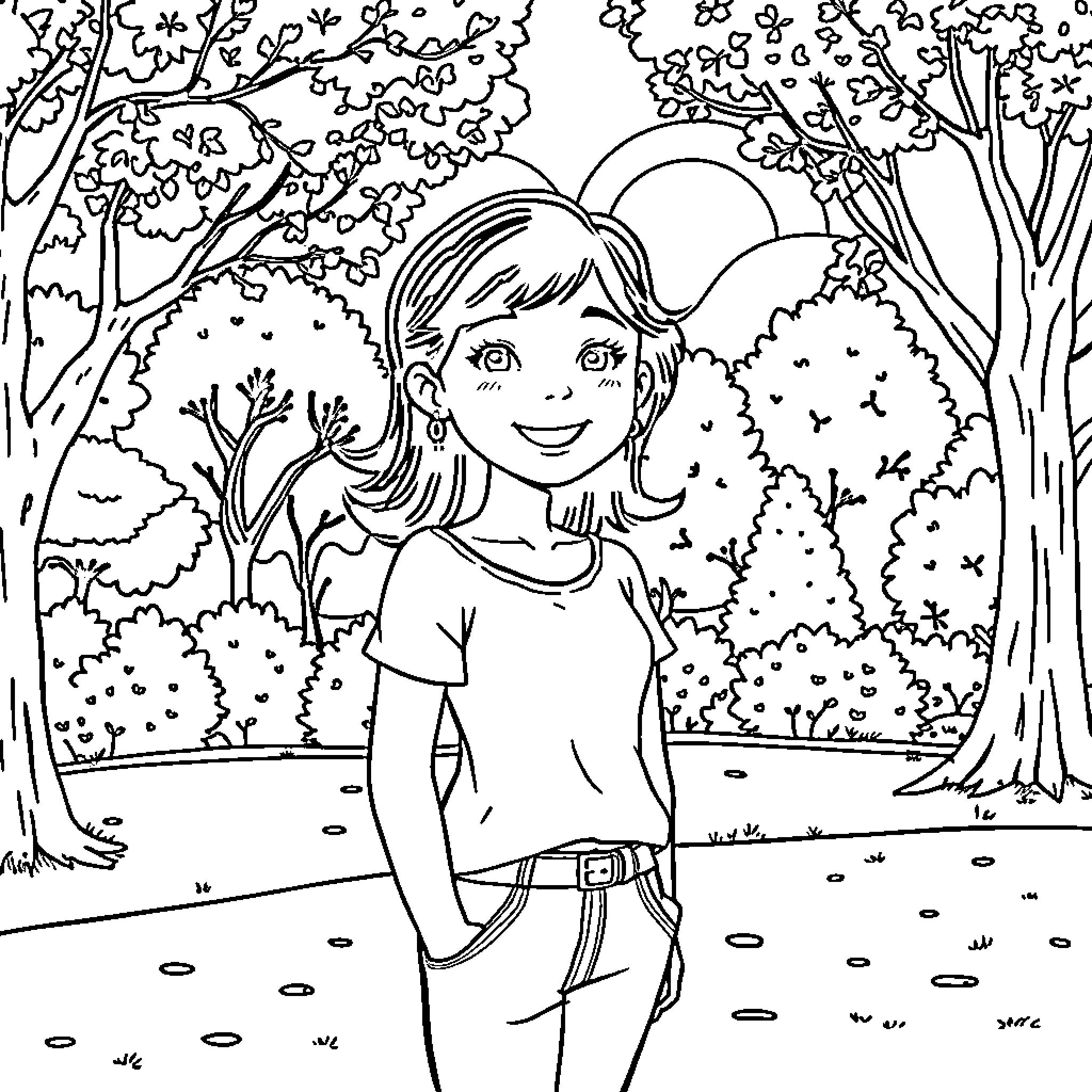 Arianna exploring the enchanted forest Coloring Page (free black-and-white line drawing printable PDF for all, from beginners to advanced learners, including children, teens, adults, and seniors)