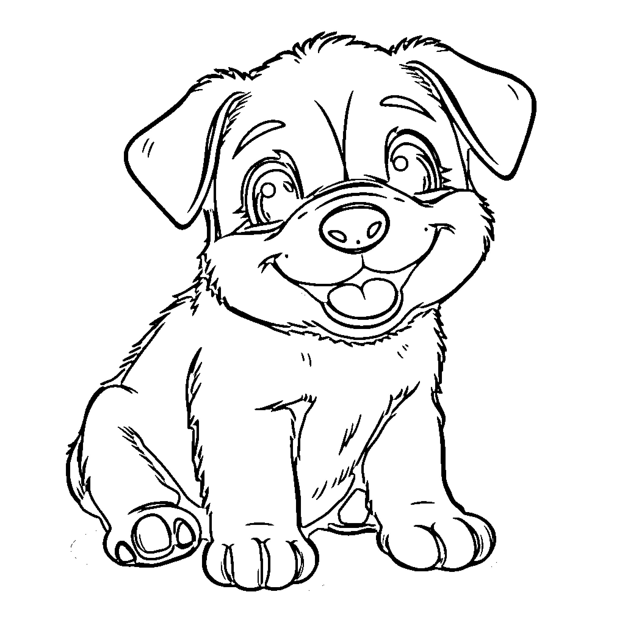 Puppy with a cheerful expression Coloring Page (free black-and-white line drawing printable PDF for all, from beginners to advanced learners, including children, teens, adults, and seniors)