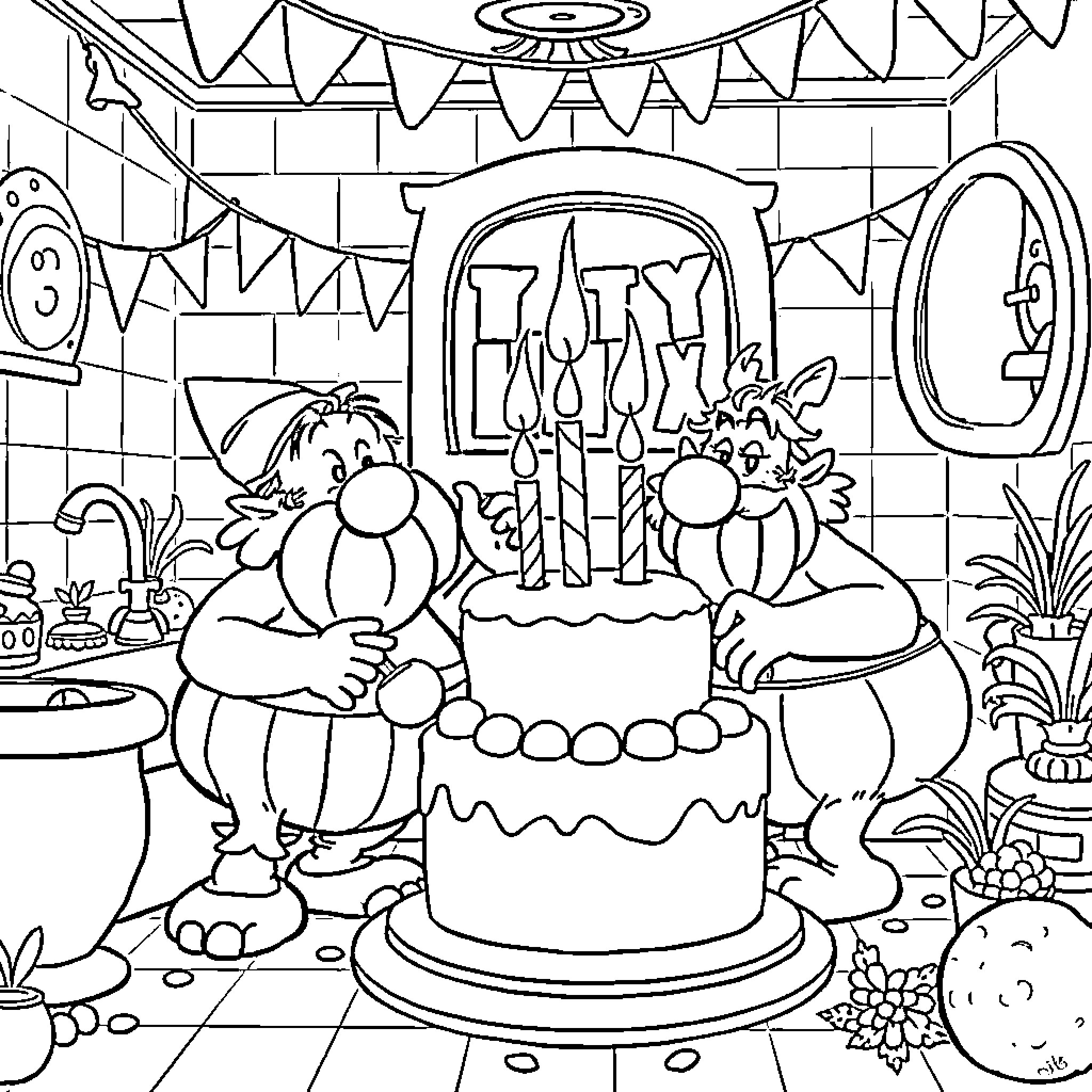 Asterix and Obelix Celebrate a Birthday Party Coloring Page (free black-and-white line drawing printable PDF for all, from beginners to advanced learners, including children, teens, adults, and seniors)