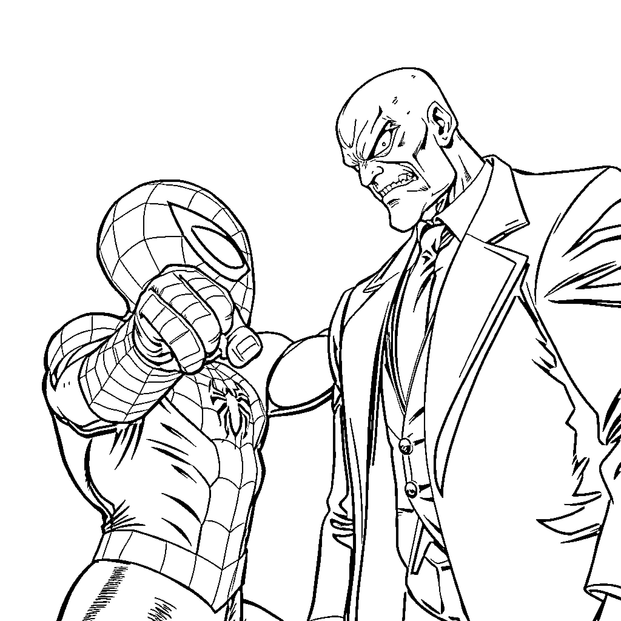 Spider-Man facing off against a villain Coloring Page (free black-and-white line drawing printable PDF for all, from beginners to advanced learners, including children, teens, adults, and seniors)