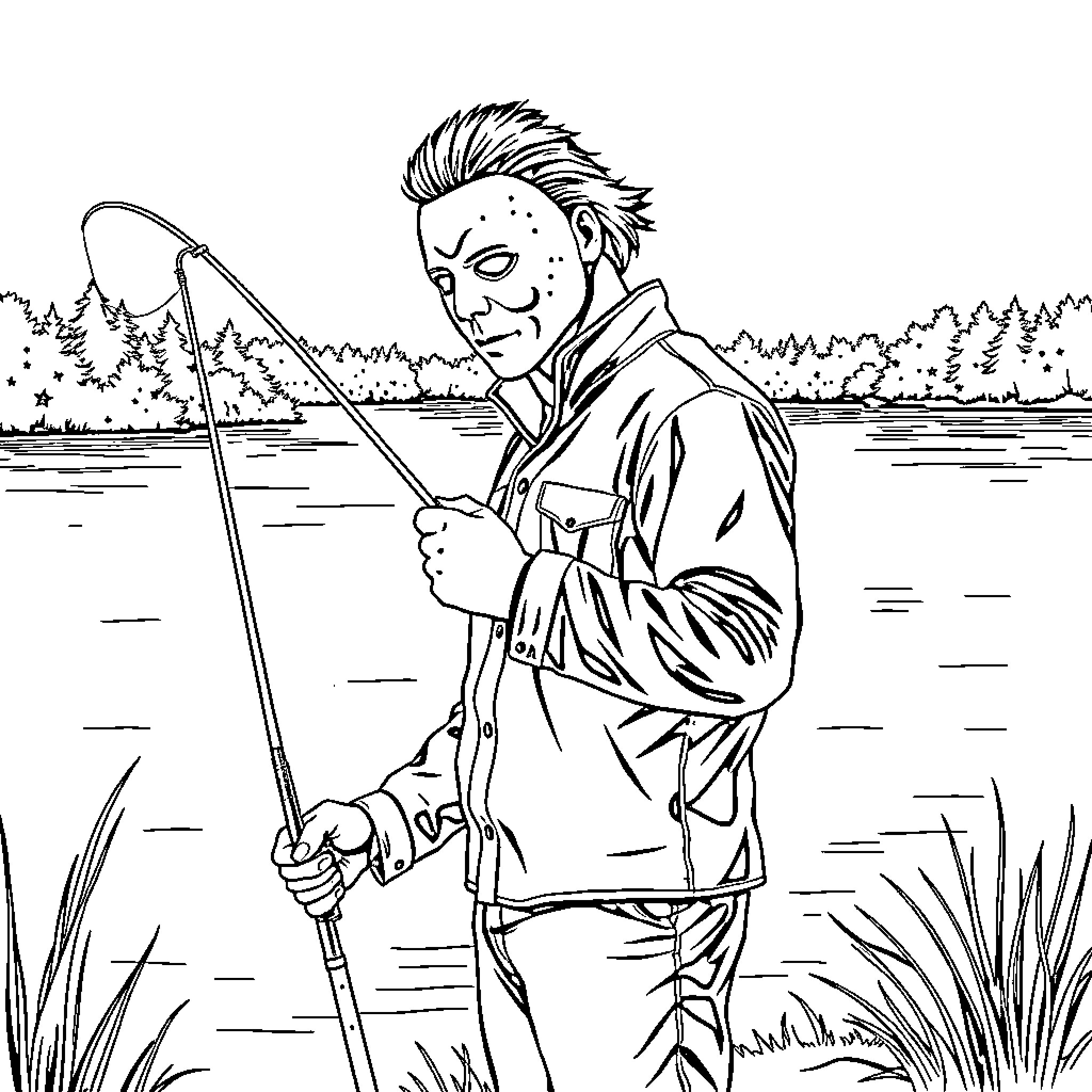 Michael Myers fishing in the wilderness Coloring Page (free black-and-white line drawing printable PDF for all, from beginners to advanced learners, including children, teens, adults, and seniors)