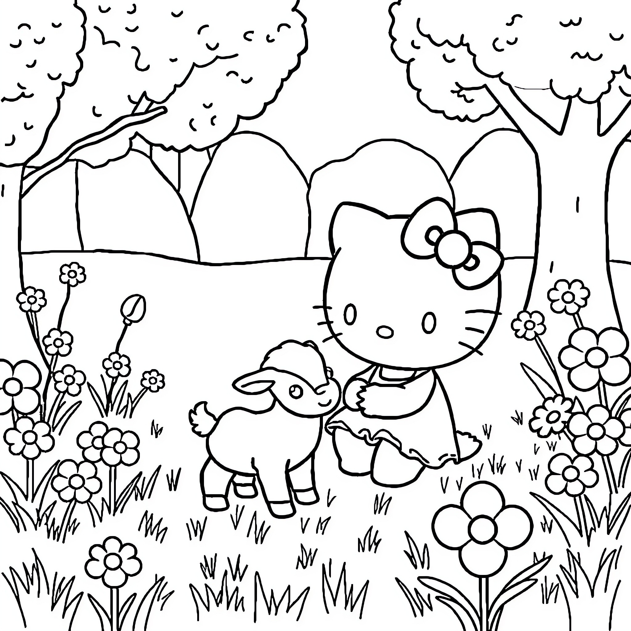 Cinamoroll and friends enjoying nature in the park Coloring Page (free black-and-white line drawing printable PDF for all, from beginners to advanced learners, including children, teens, adults, and seniors)
