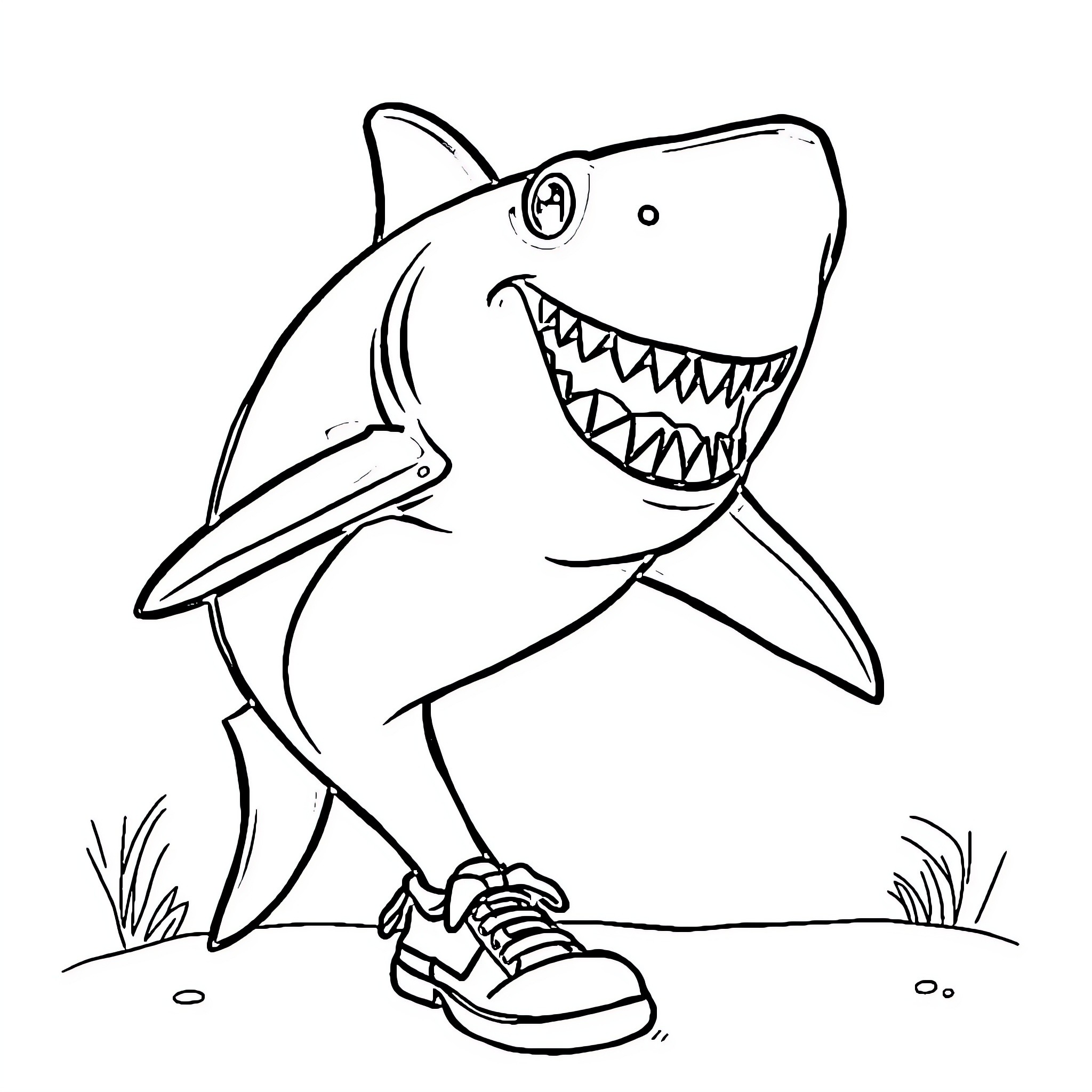Shark with Sneakers on the Ground Coloring Page (free black-and-white line drawing printable PDF for all, from beginners to advanced learners, including children, teens, adults, and seniors)