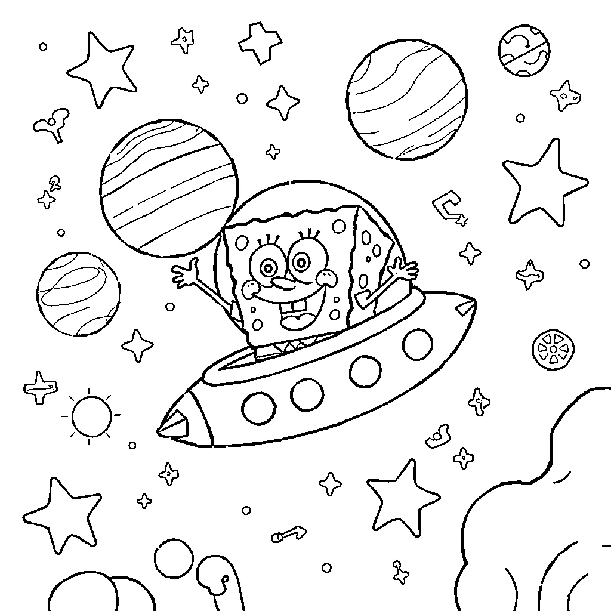 Spongebob's Galactic Adventure Coloring Page (free black-and-white line drawing printable PDF for all, from beginners to advanced learners, including children, teens, adults, and seniors)