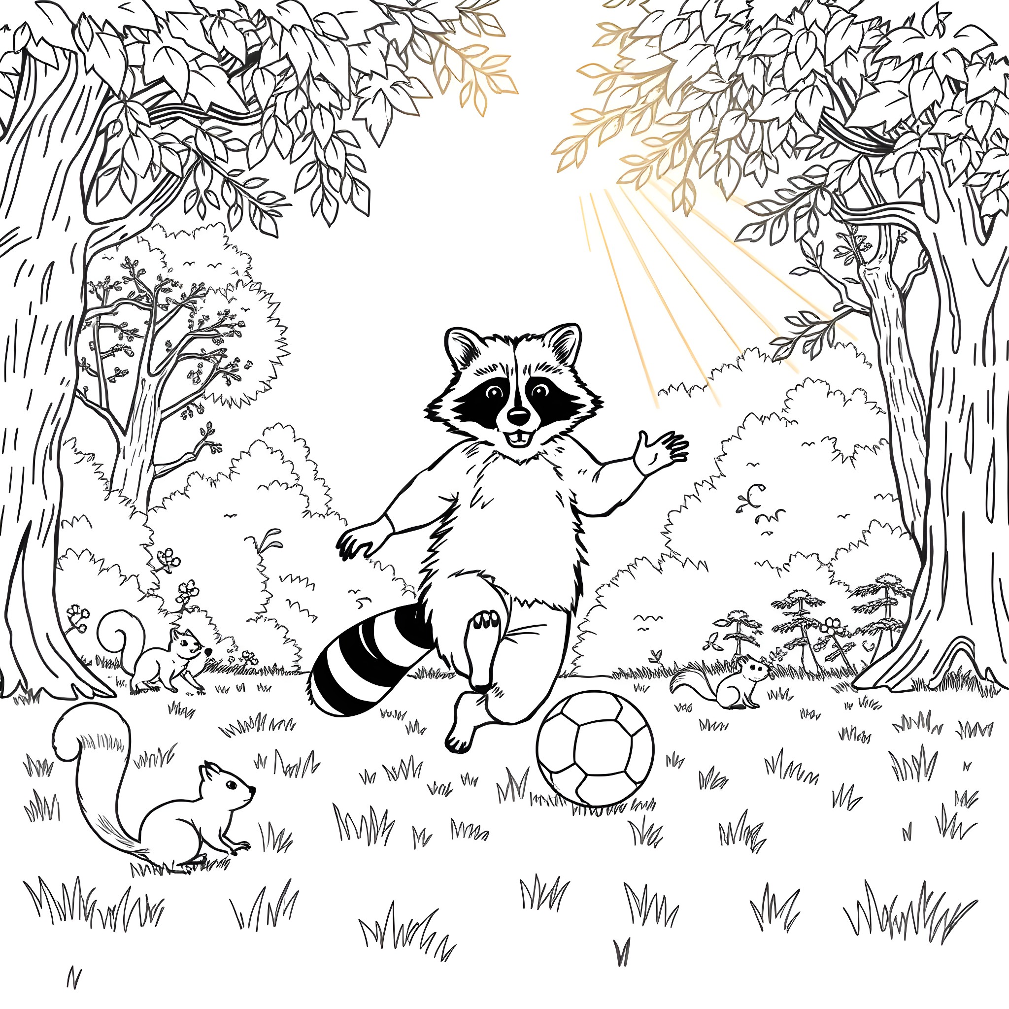 Raccoon playing joyfully with a soccer ball in the forest Coloring Page (free black-and-white line drawing printable PDF for all, from beginners to advanced learners, including children, teens, adults, and seniors)