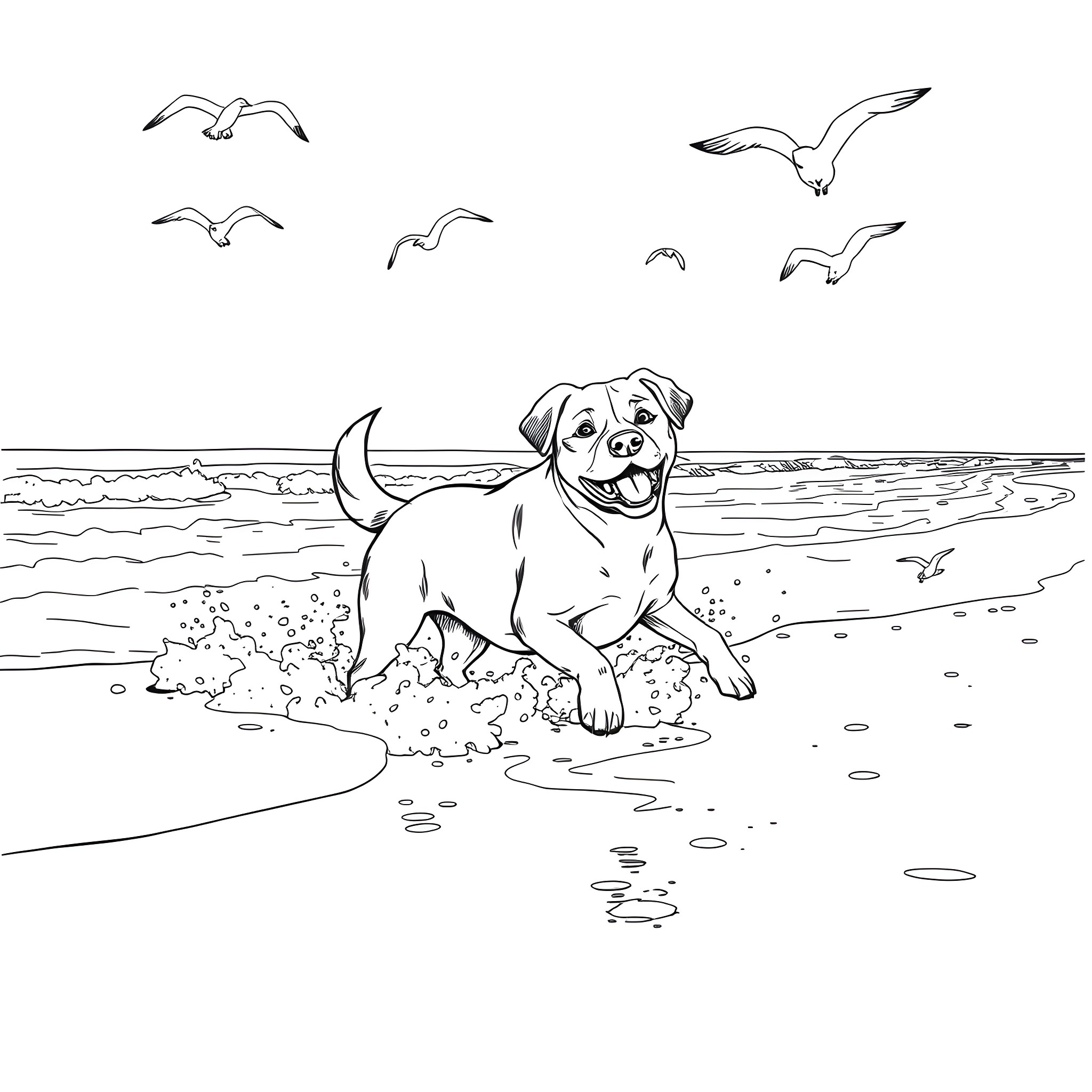 Dog playing joyfully on the beach with seagulls Coloring Page (free black-and-white line drawing printable PDF for all, from beginners to advanced learners, including children, teens, adults, and seniors)