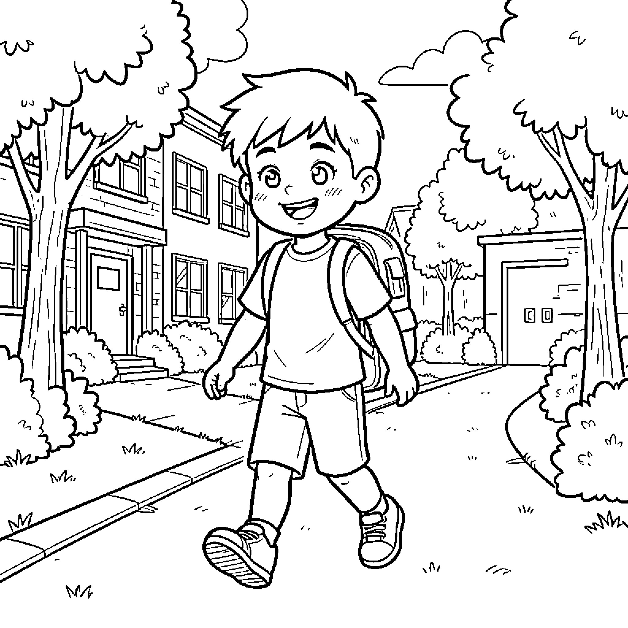 Boy walking happily down the neighborhood street Coloring Page (free black-and-white line drawing printable PDF for all, from beginners to advanced learners, including children, teens, adults, and seniors)