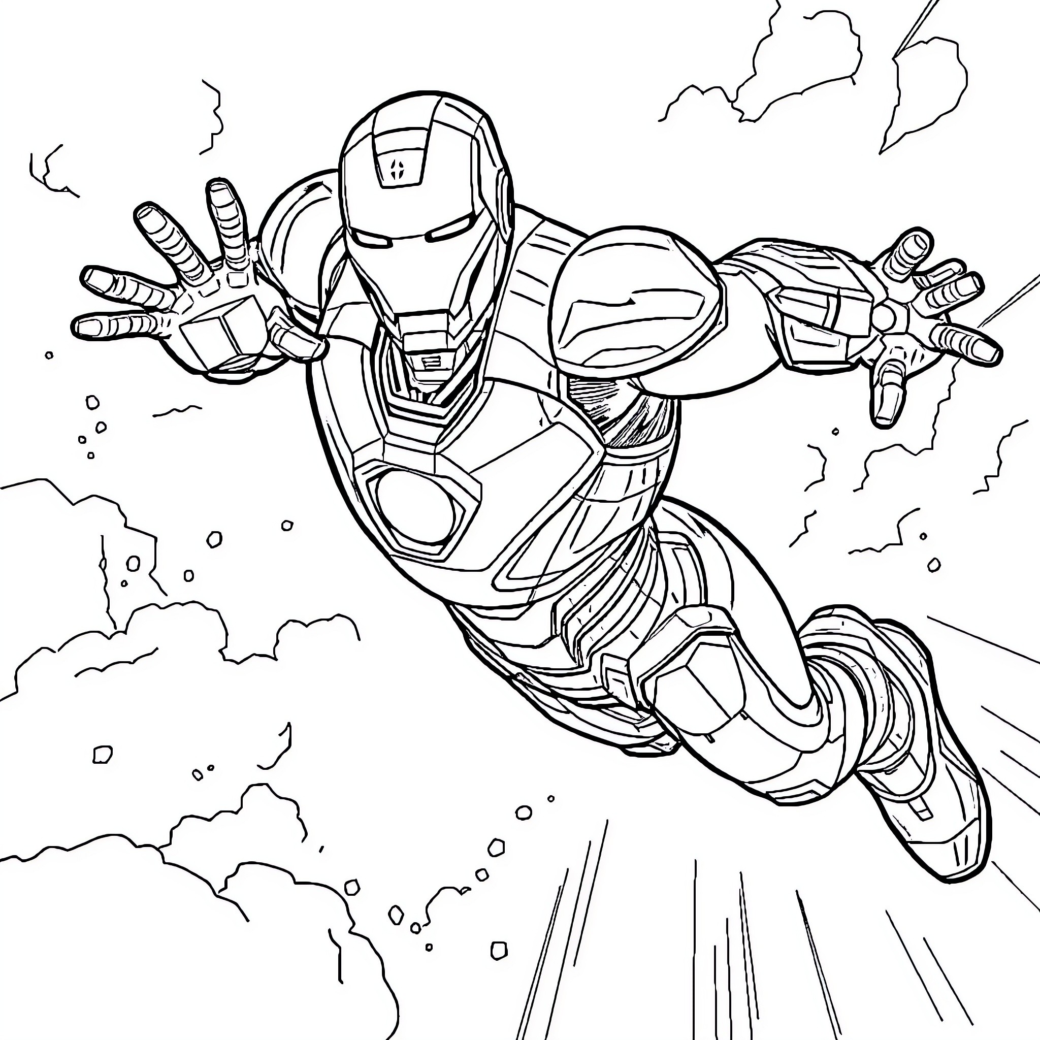 Iron Man in mid-air action pose Coloring Page (free black-and-white line drawing printable PDF for all, from beginners to advanced learners, including children, teens, adults, and seniors)