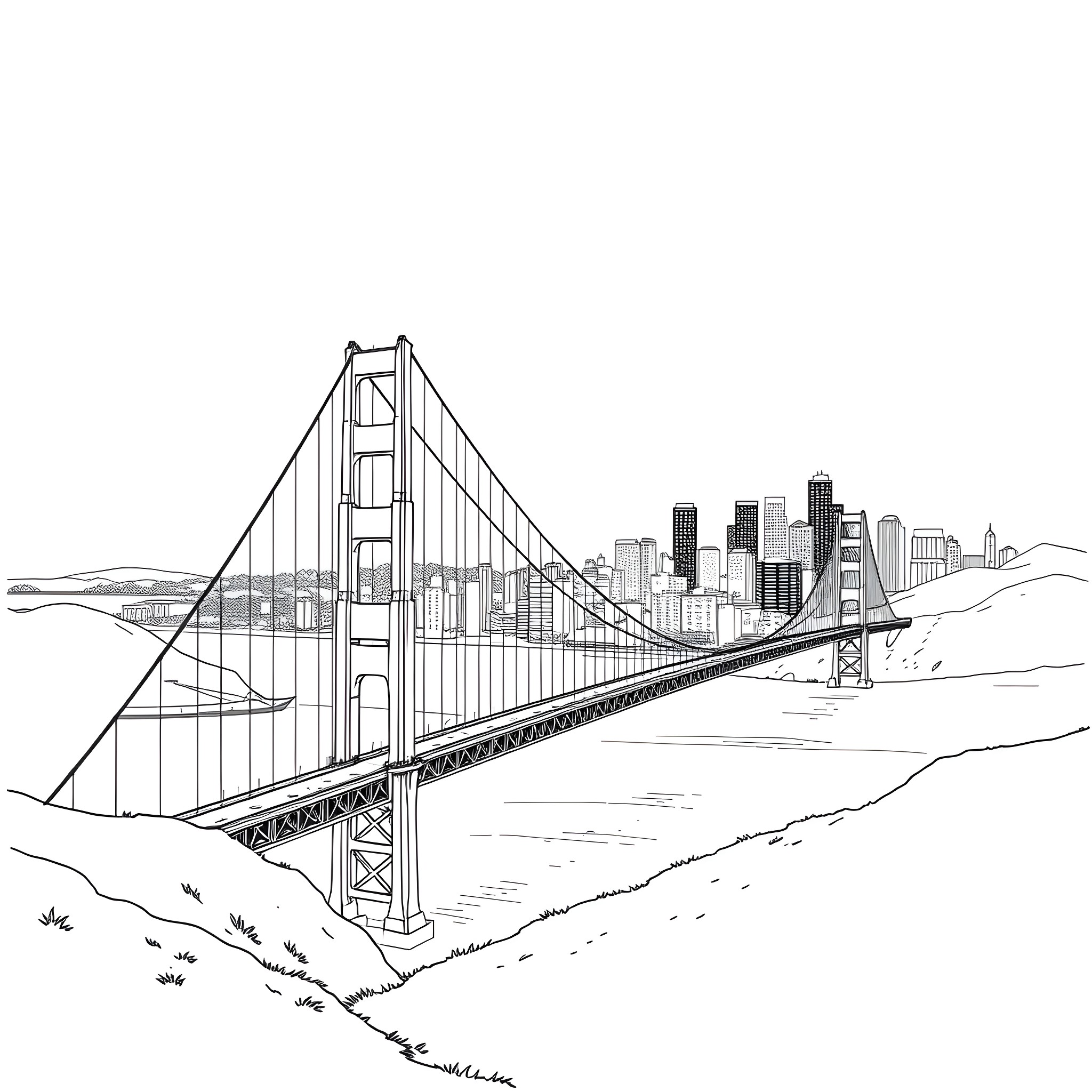 Golden Gate Bridge overlooking a cityscape Coloring Page (free black-and-white line drawing printable PDF for all, from beginners to advanced learners, including children, teens, adults, and seniors)