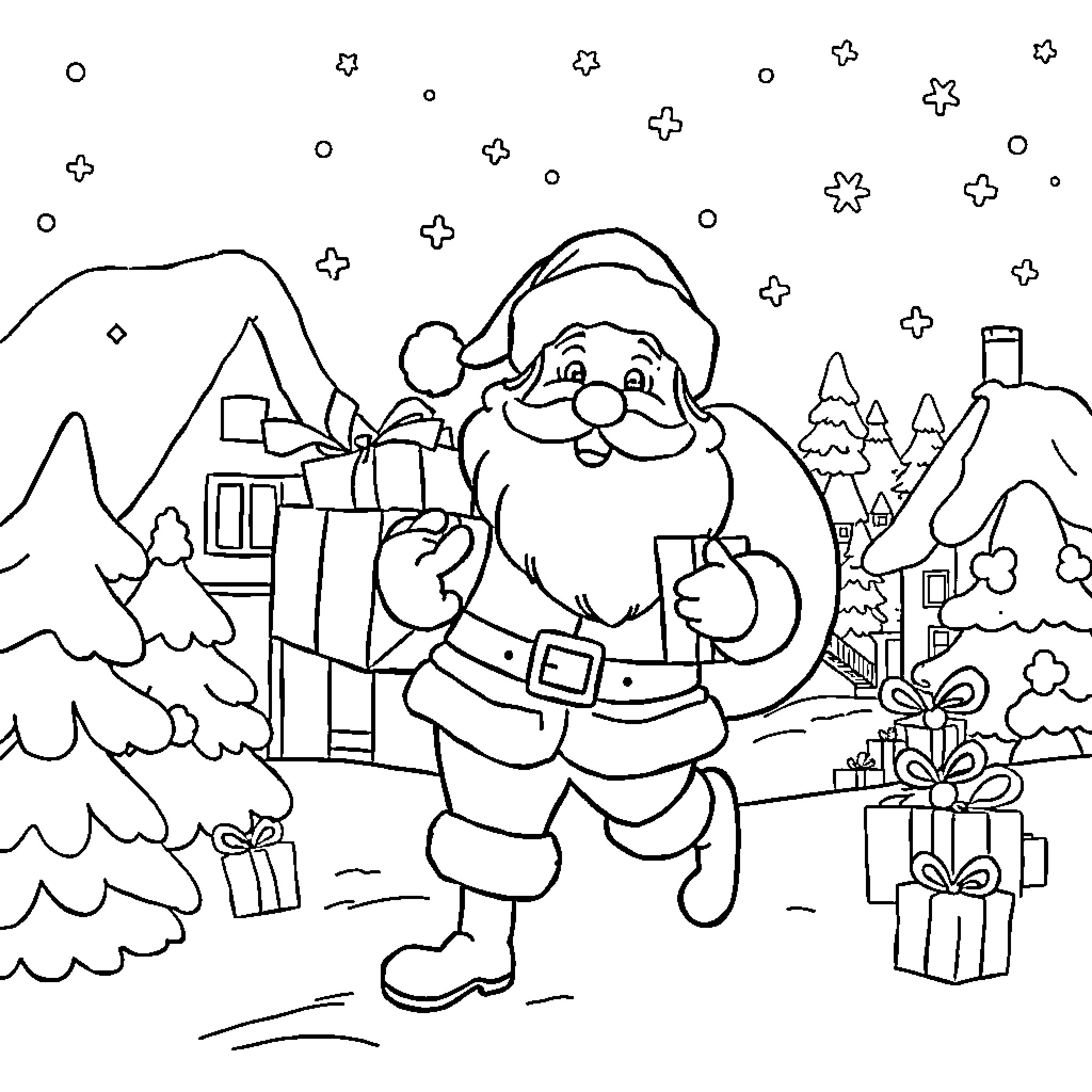 Santa Claus delivering presents in winter wonderland Coloring Page (free black-and-white line drawing printable PDF for all, from beginners to advanced learners, including children, teens, adults, and seniors)