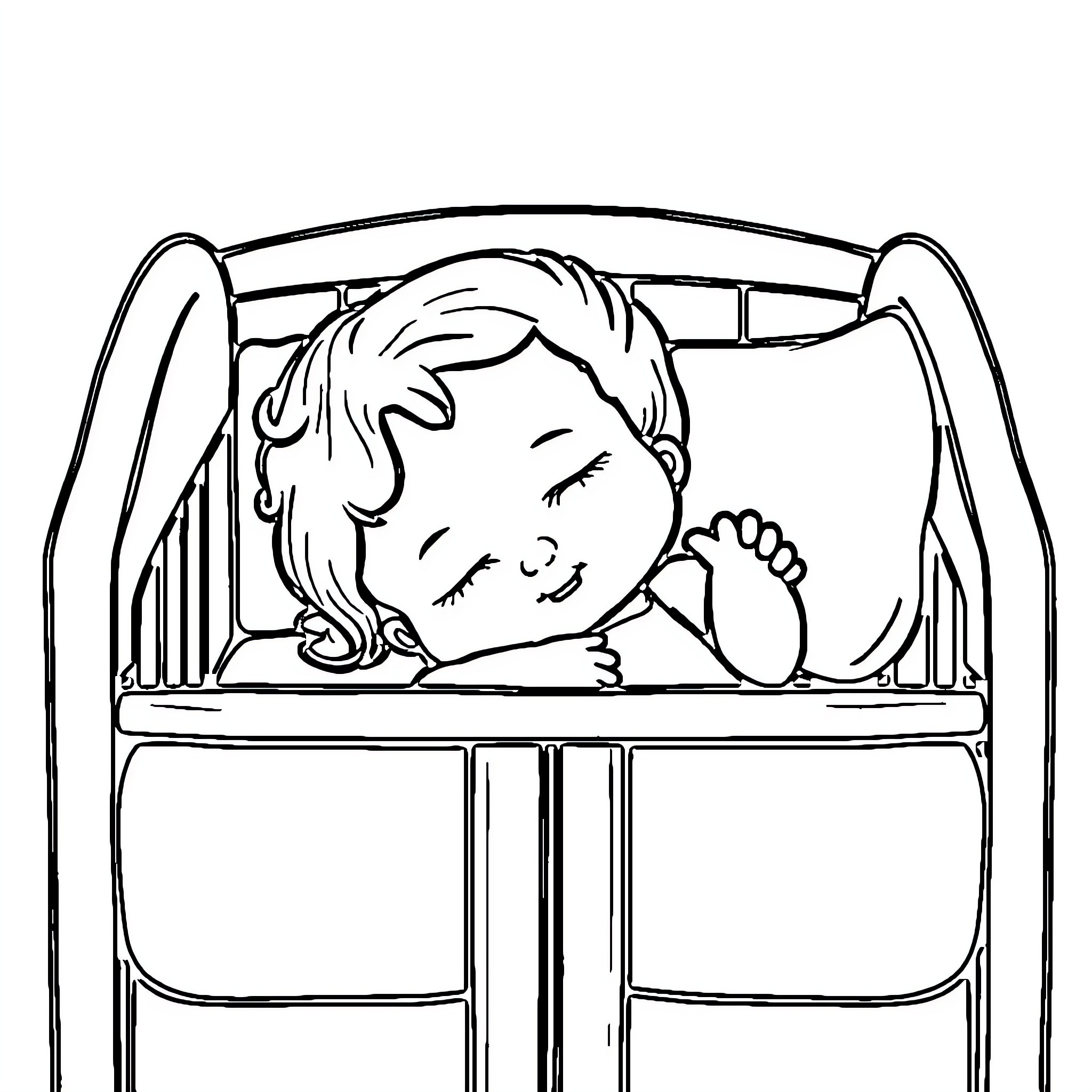 Doll sleeping peacefully in crib Coloring Page (free black-and-white line drawing printable PDF for all, from beginners to advanced learners, including children, teens, adults, and seniors)