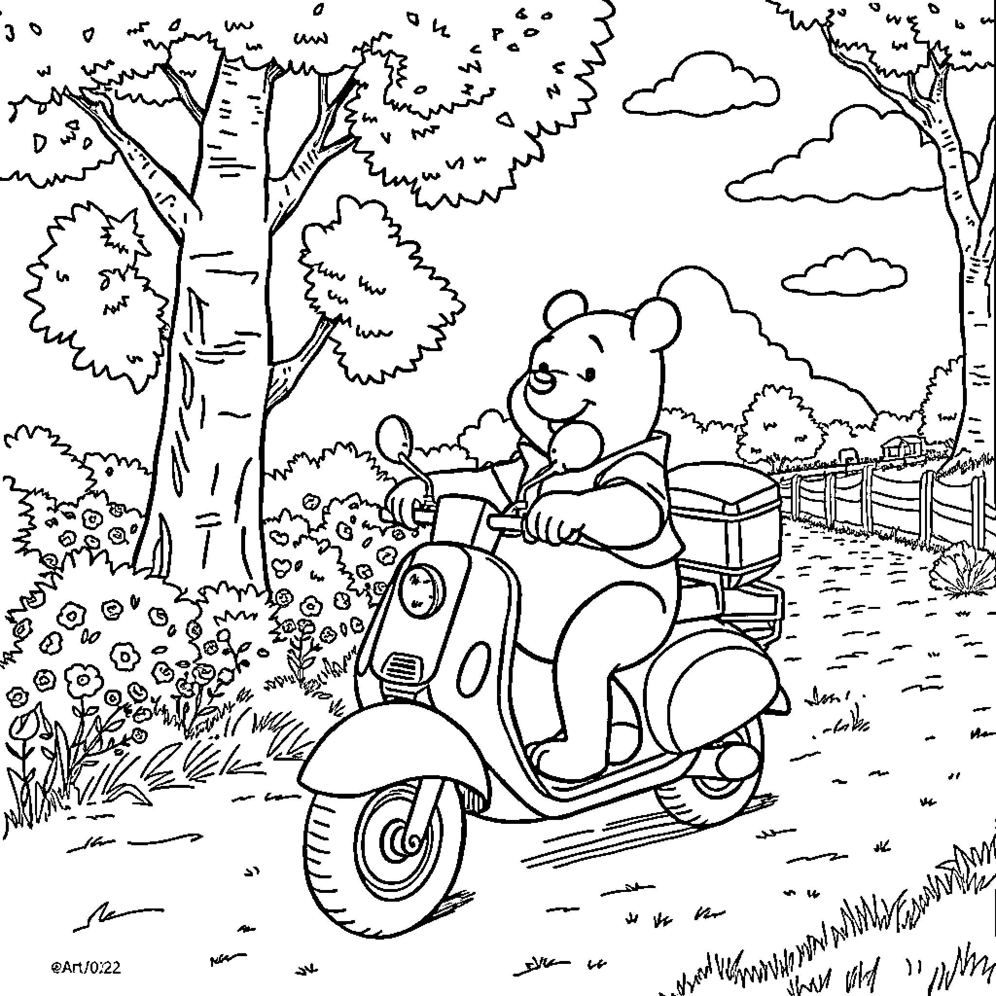 Winnie The Pooh riding a scooter in the countryside Coloring Page (free black-and-white line drawing printable PDF for all, from beginners to advanced learners, including children, teens, adults, and seniors)