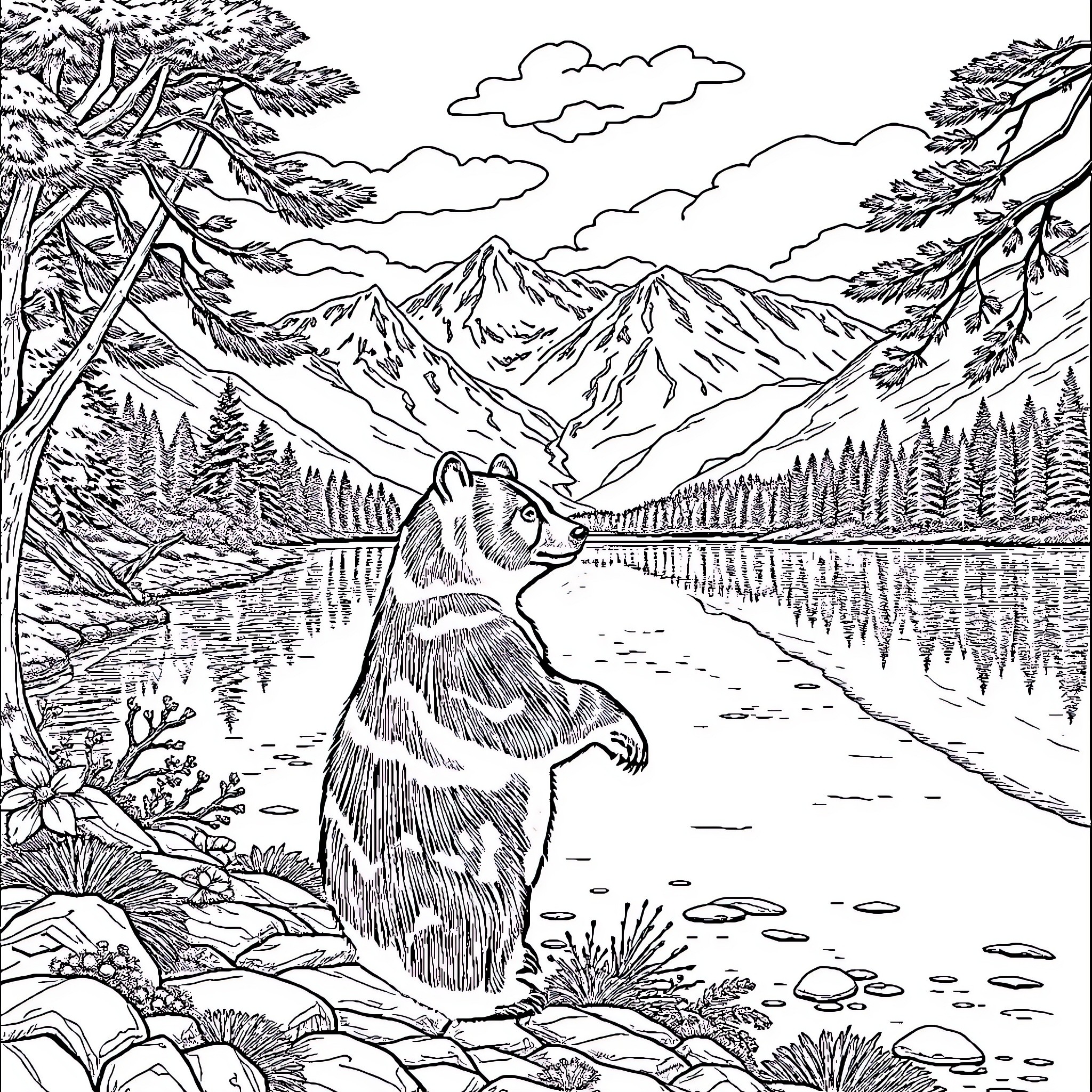 Bear admiring the scenic mountain landscape Coloring Page (free black-and-white line drawing printable PDF for all, from beginners to advanced learners, including children, teens, adults, and seniors)