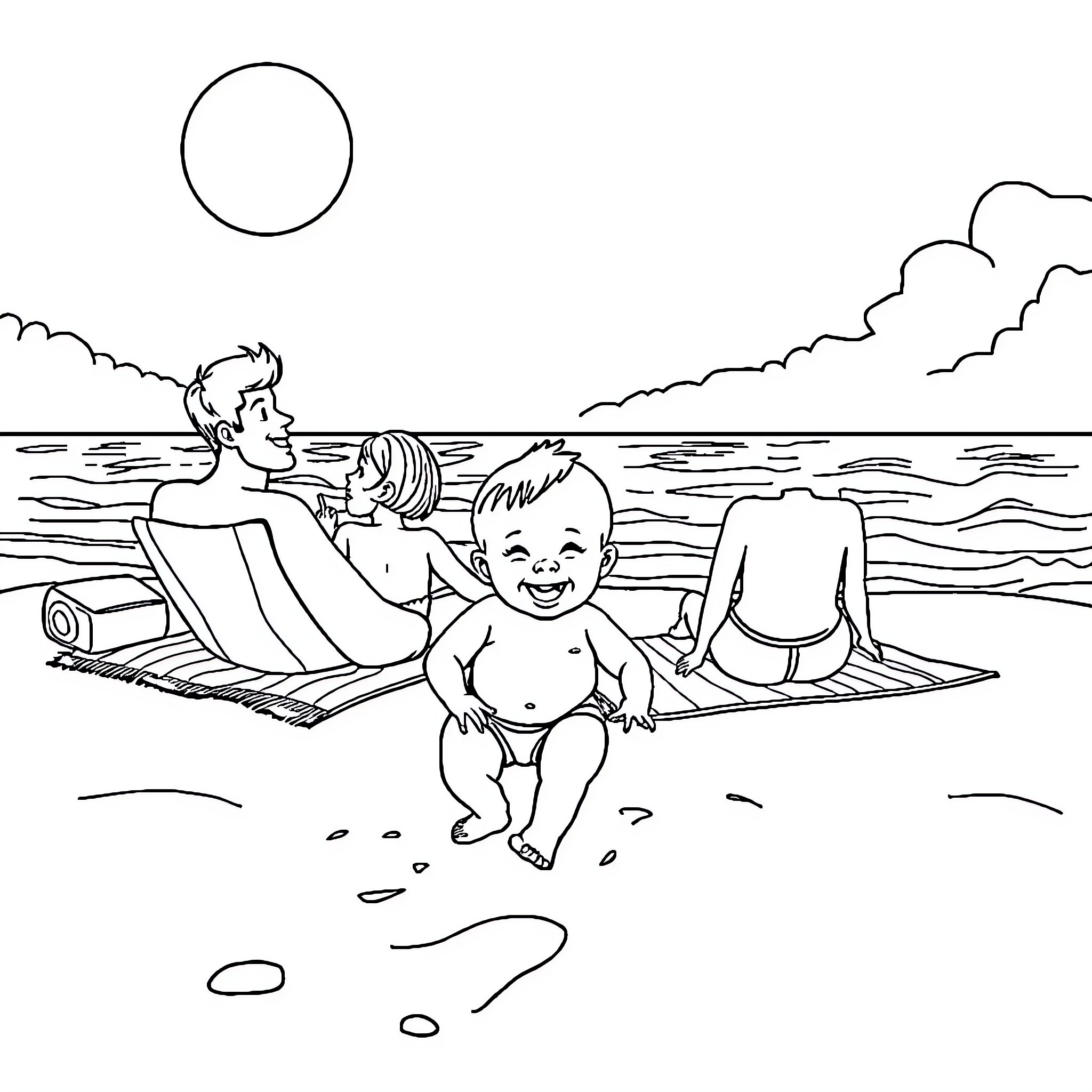 Baby playing joyfully at the beach with family Coloring Page (free black-and-white line drawing printable PDF for all, from beginners to advanced learners, including children, teens, adults, and seniors)
