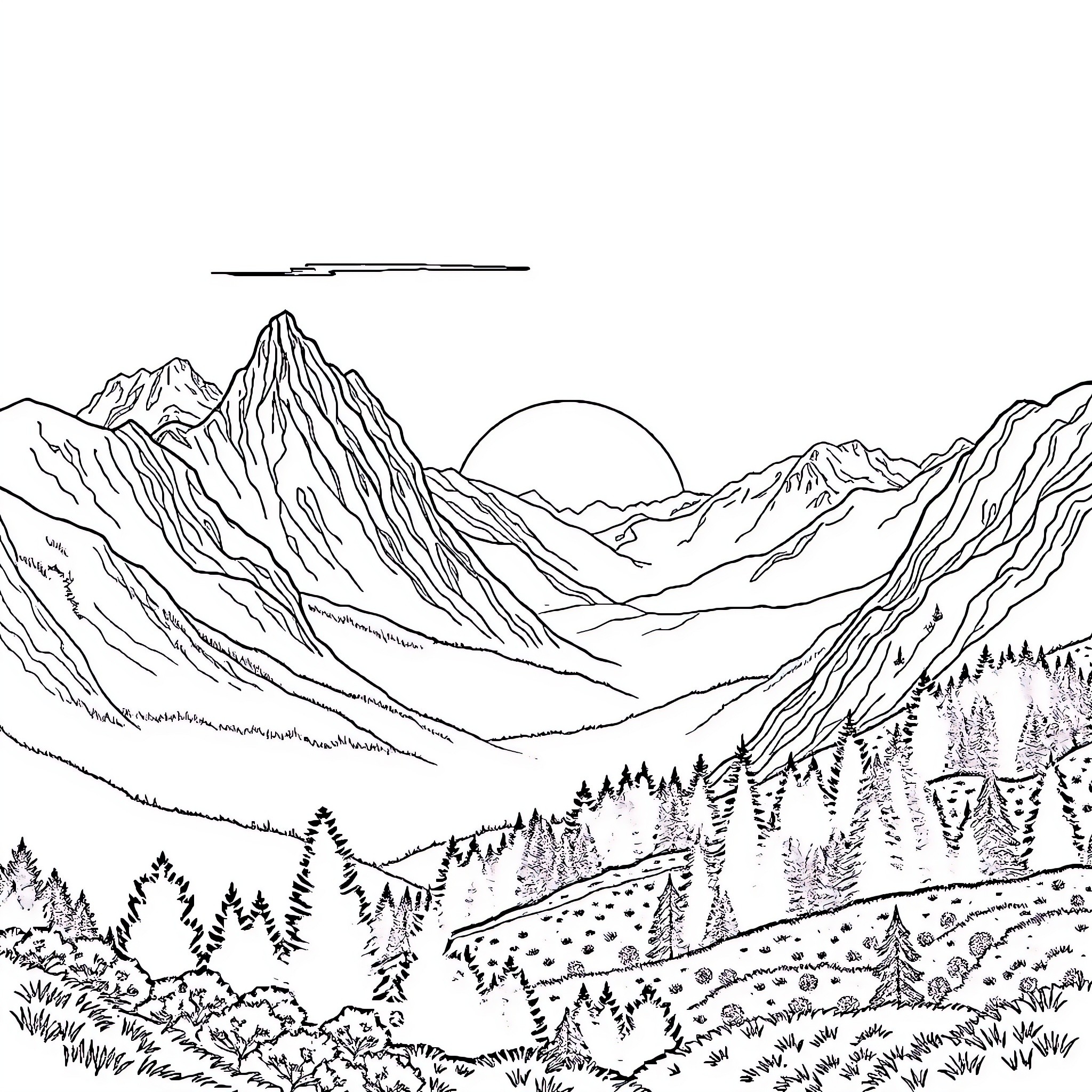 Mountain Landscape with Scenic Wilderness View Coloring Page (free black-and-white line drawing printable PDF for all, from beginners to advanced learners, including children, teens, adults, and seniors)