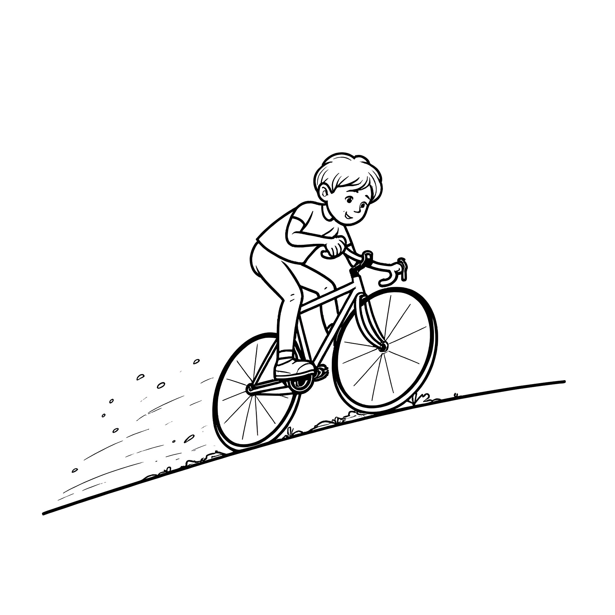 Calvinman Cycling Downhill on a Bicycle Coloring Page (free black-and-white line drawing printable PDF for all, from beginners to advanced learners, including children, teens, adults, and seniors)
