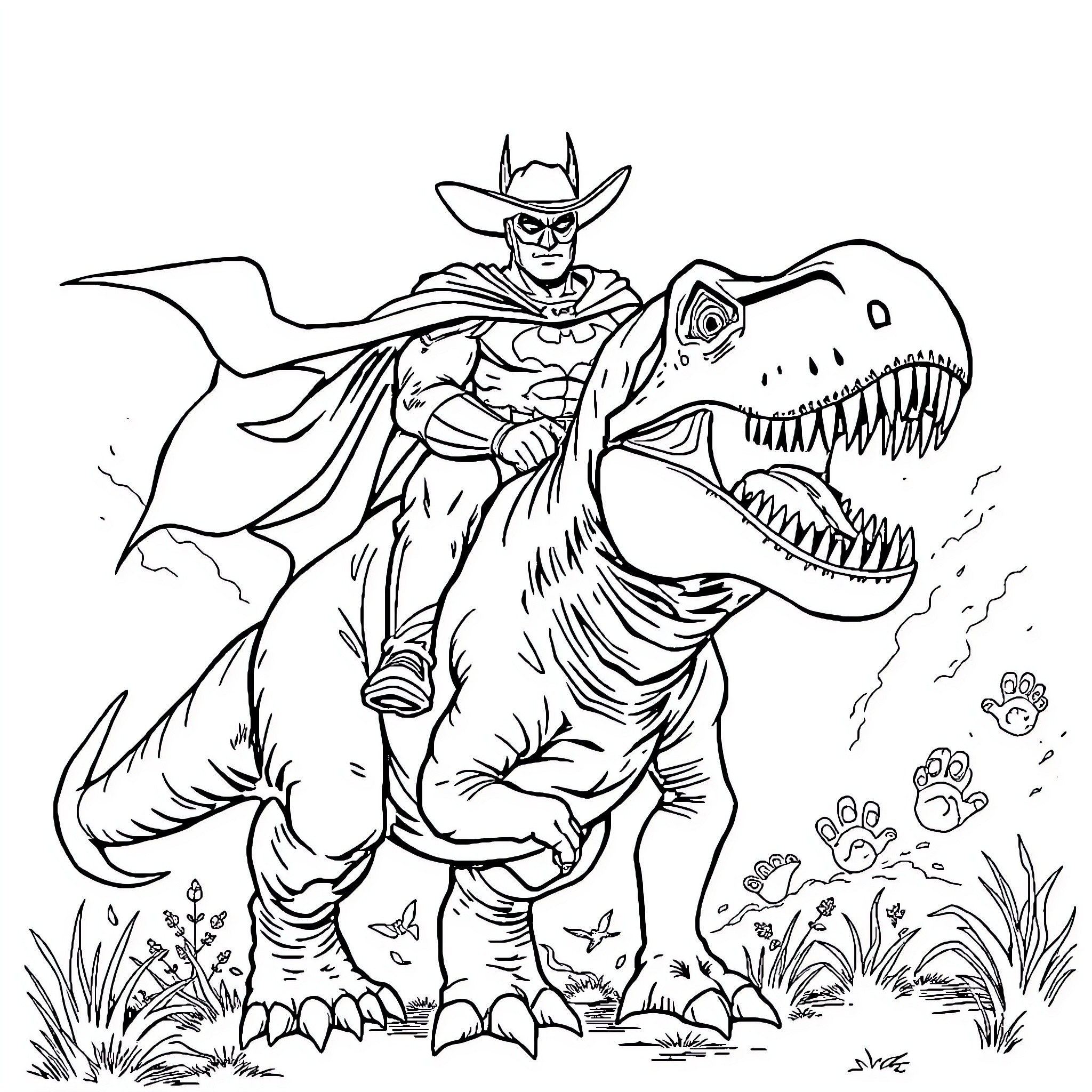 Batman riding a fierce dinosaur in the wild Coloring Page (free black-and-white line drawing printable PDF for all, from beginners to advanced learners, including children, teens, adults, and seniors)