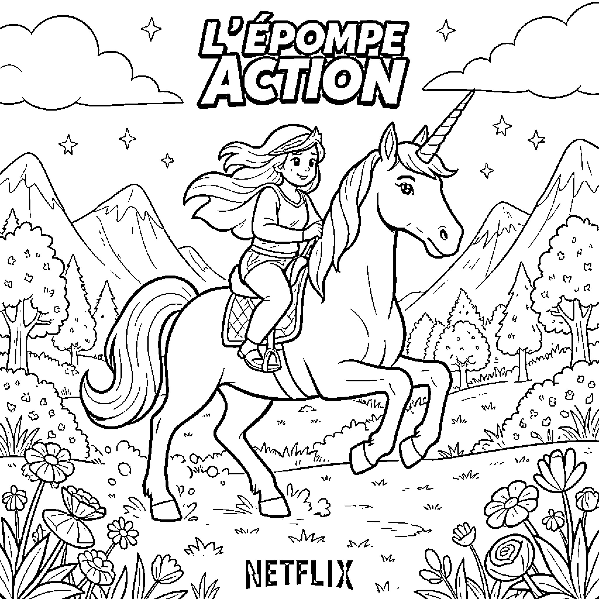 Action Team girl riding a unicorn through mountains Coloring Page (free black-and-white line drawing printable PDF for all, from beginners to advanced learners, including children, teens, adults, and seniors)