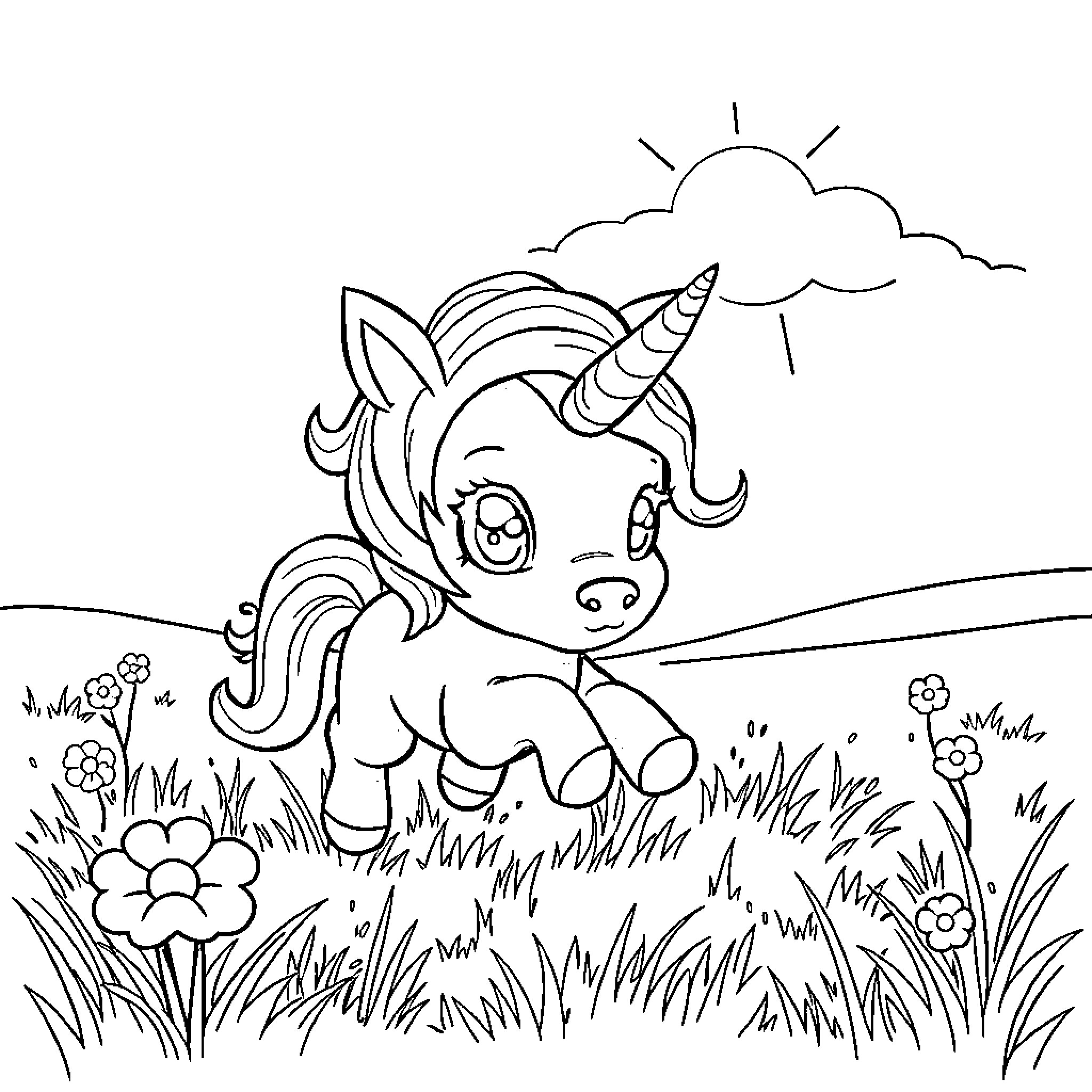 Puppy Unicorn frolicking in a grassy meadow Coloring Page (free black-and-white line drawing printable PDF for all, from beginners to advanced learners, including children, teens, adults, and seniors)