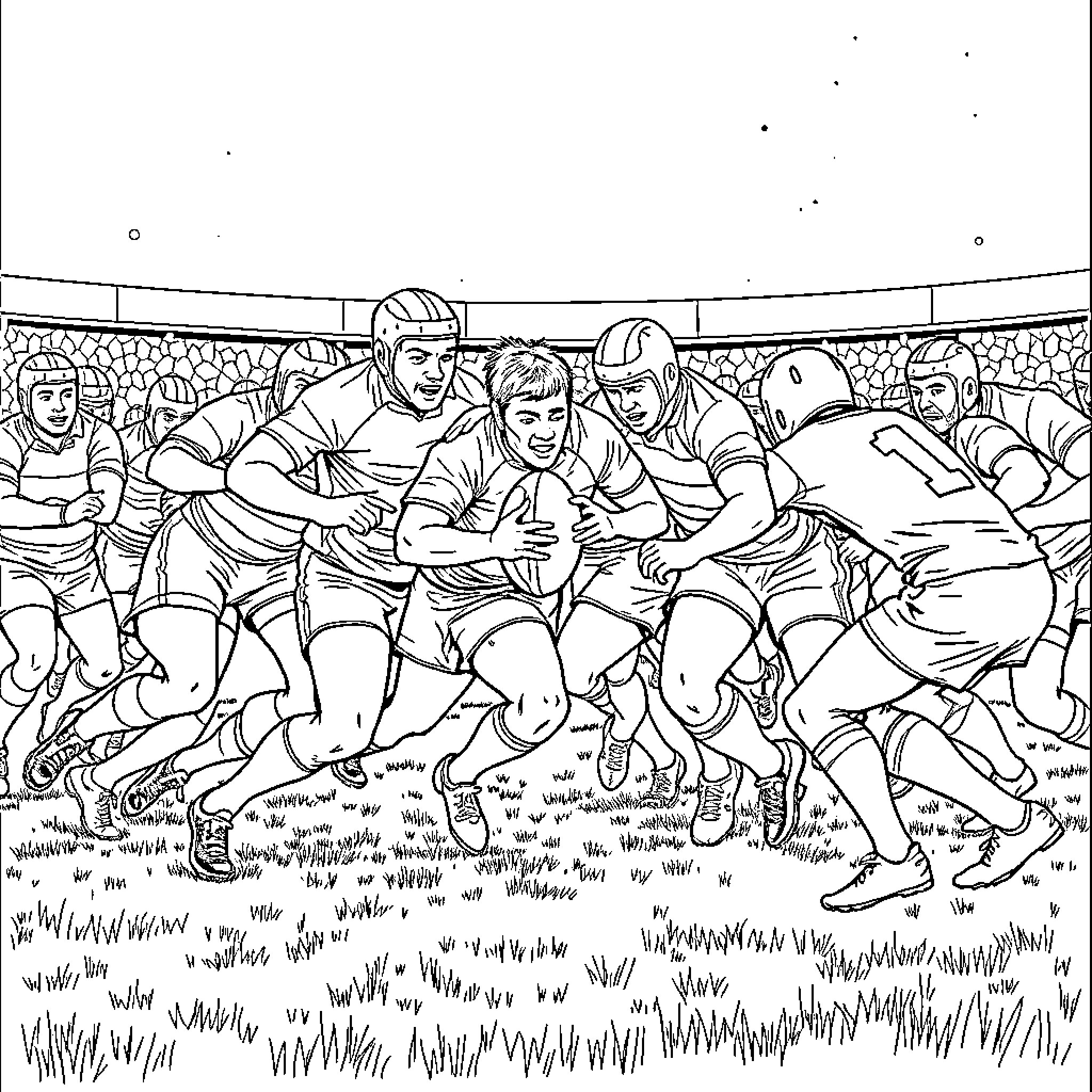 Rugby players in an intense match on the field Coloring Page (free black-and-white line drawing printable PDF for all, from beginners to advanced learners, including children, teens, adults, and seniors)