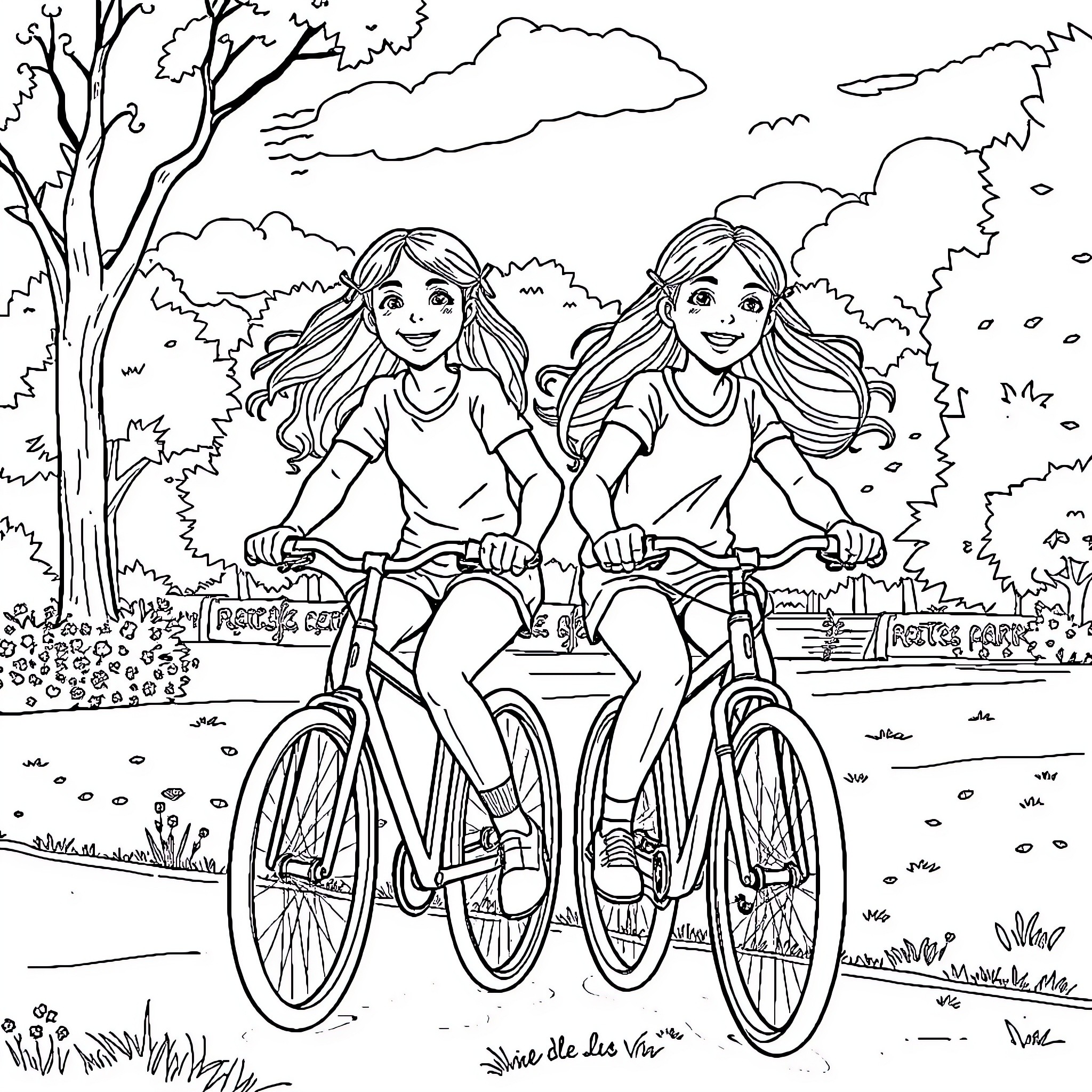 Girls riding bicycles through a scenic park Coloring Page (free black-and-white line drawing printable PDF for all, from beginners to advanced learners, including children, teens, adults, and seniors)