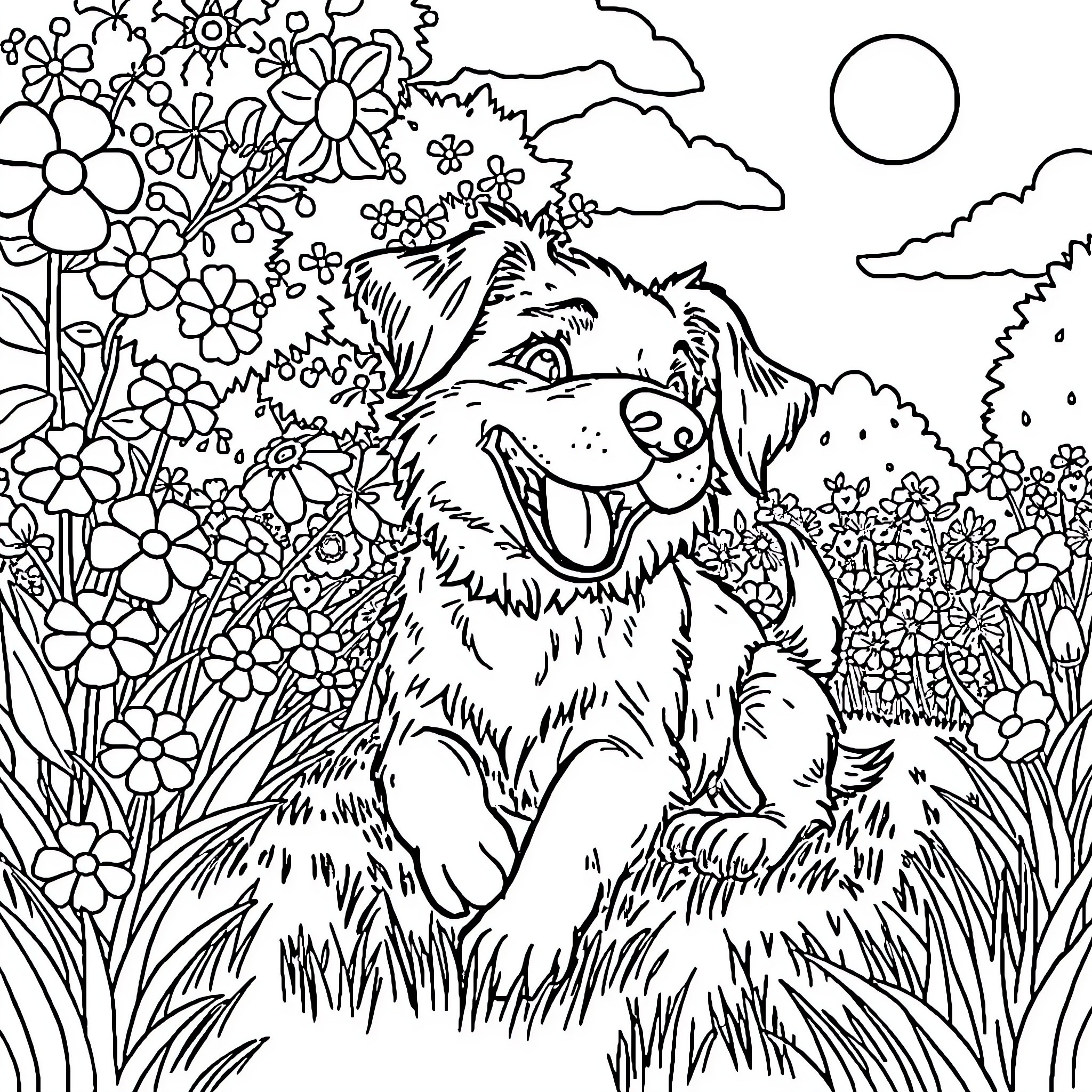 Dog happily playing in a floral field Coloring Page (free black-and-white line drawing printable PDF for all, from beginners to advanced learners, including children, teens, adults, and seniors)