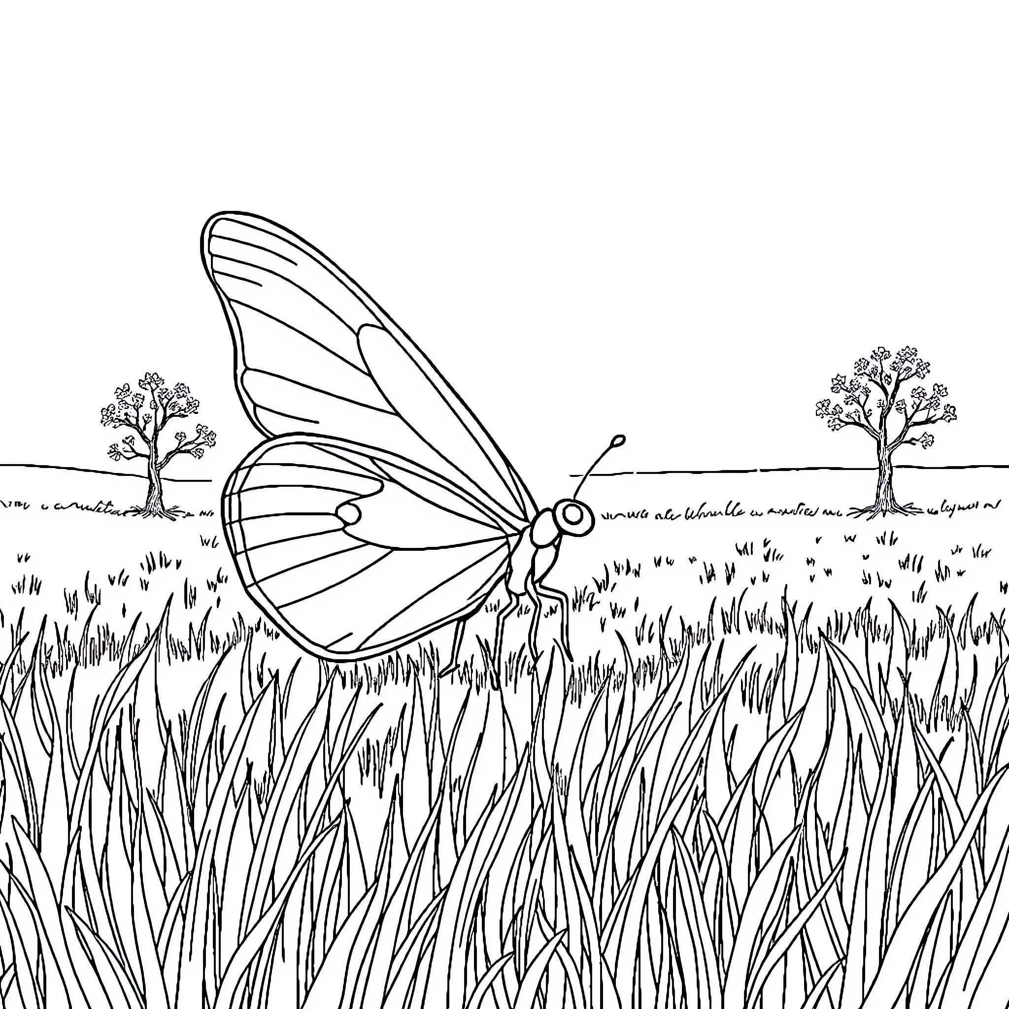 Butterfly resting in a natural meadow Coloring Page (free black-and-white line drawing printable PDF for all, from beginners to advanced learners, including children, teens, adults, and seniors)