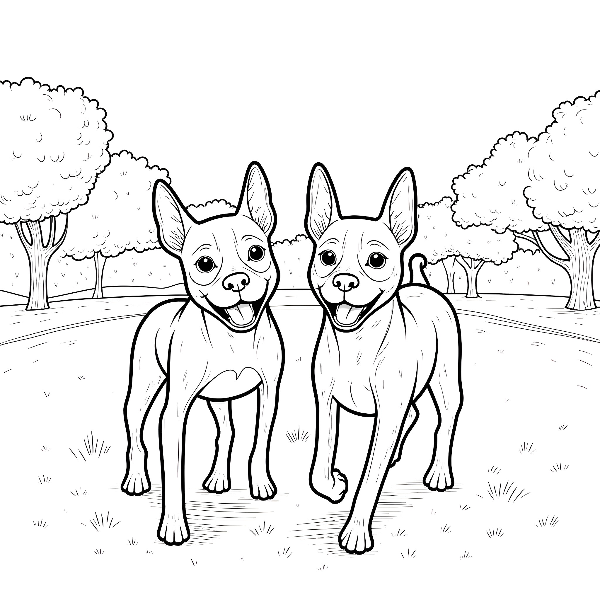 Boston Terriers enjoying a walk in the park Coloring Page (free black-and-white line drawing printable PDF for all, from beginners to advanced learners, including children, teens, adults, and seniors)