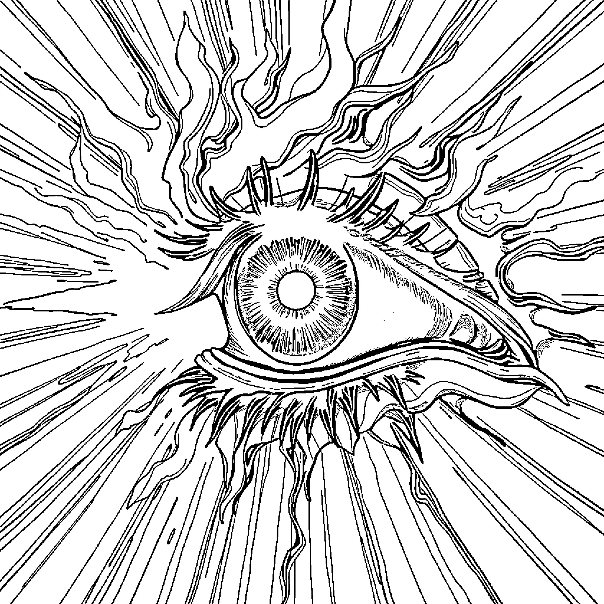 Rinegan: Mystical Eye Motif in Intricate Linework Coloring Page (free black-and-white line drawing printable PDF for all, from beginners to advanced learners, including children, teens, adults, and seniors)