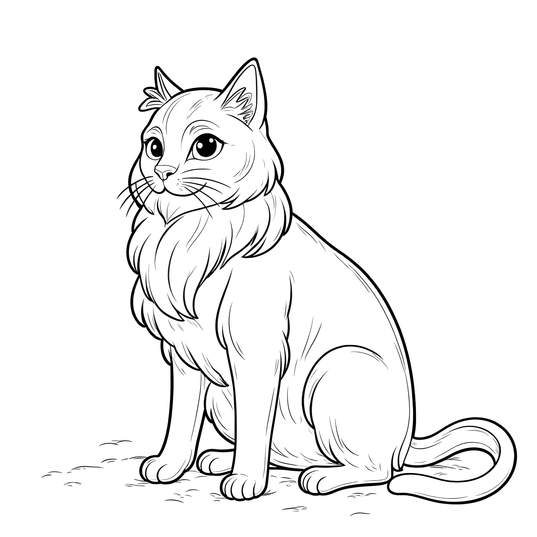 Cat sitting calmly in the scene Coloring Page (free black-and-white line drawing printable PDF for all, from beginners to advanced learners, including children, teens, adults, and seniors)