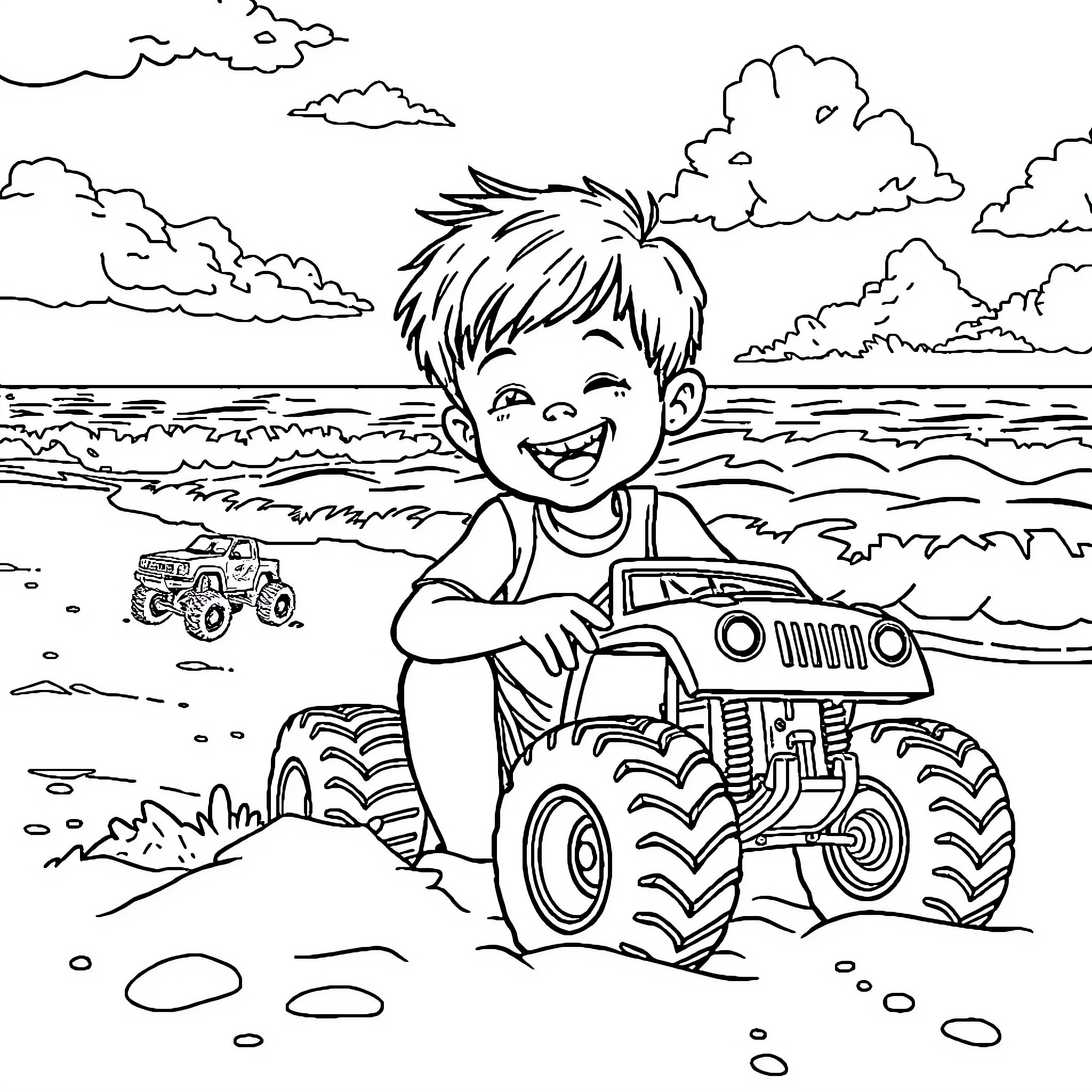 Boy playing happily with toy monster truck on the beach Coloring Page (free black-and-white line drawing printable PDF for all, from beginners to advanced learners, including children, teens, adults, and seniors)