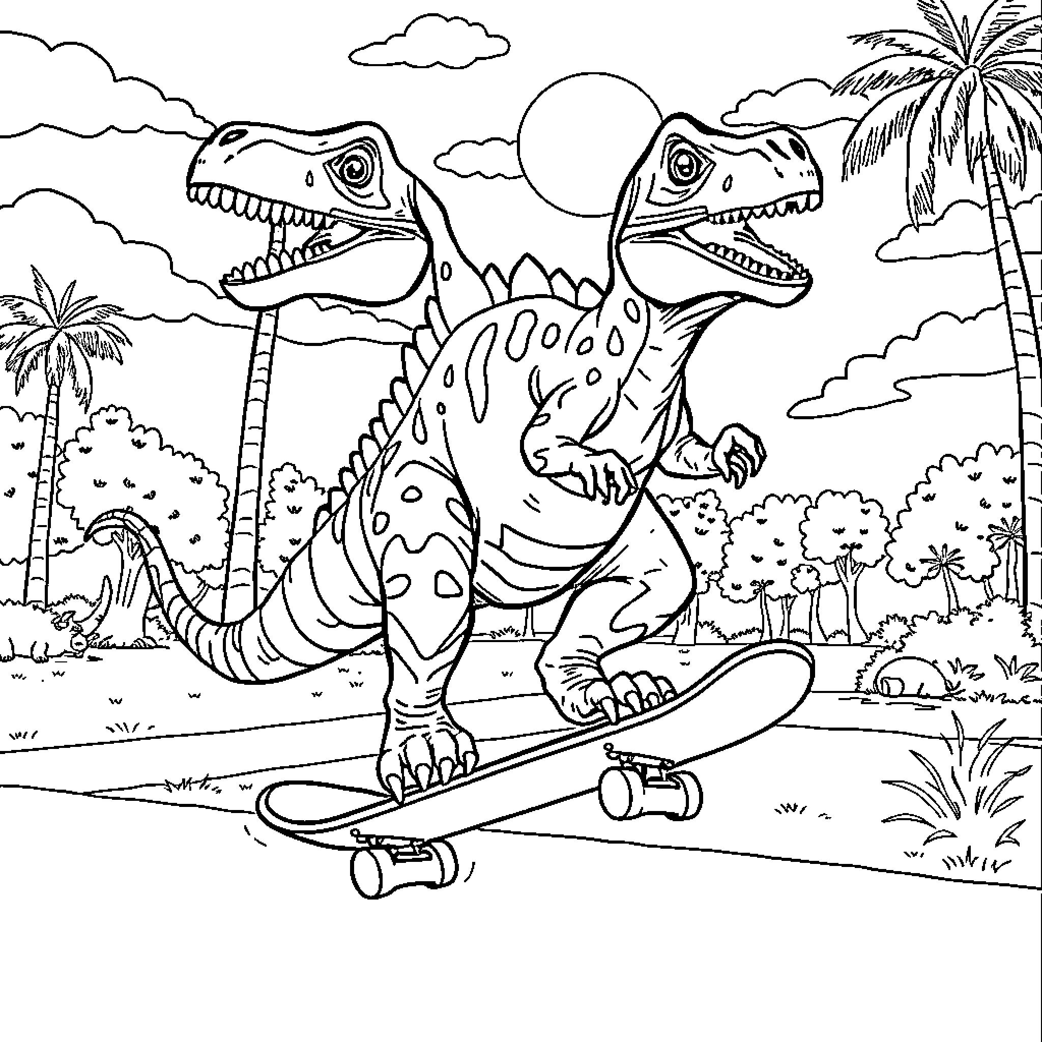 Parasaurus Dinosaurs Skateboarding in Tropical Landscape Coloring Page (free black-and-white line drawing printable PDF for all, from beginners to advanced learners, including children, teens, adults, and seniors)