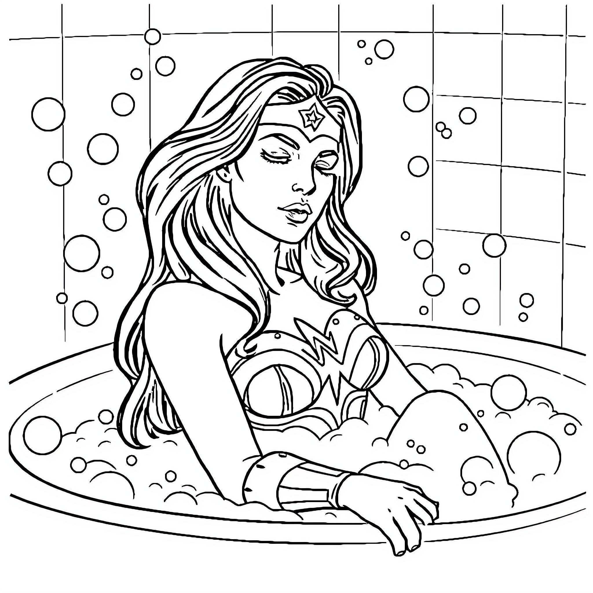 Wonder Woman in bubble bath Coloring Page (free black-and-white line drawing printable PDF for all, from beginners to advanced learners, including children, teens, adults, and seniors)
